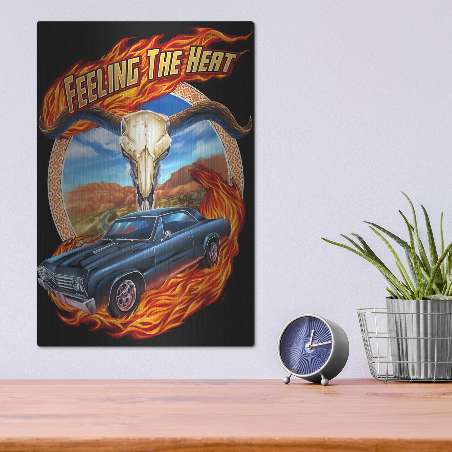 Luxe Metal Art 'Hot Rod Steer Skull Illustration' by Flyland Designs, Metal Wall Art,12x16