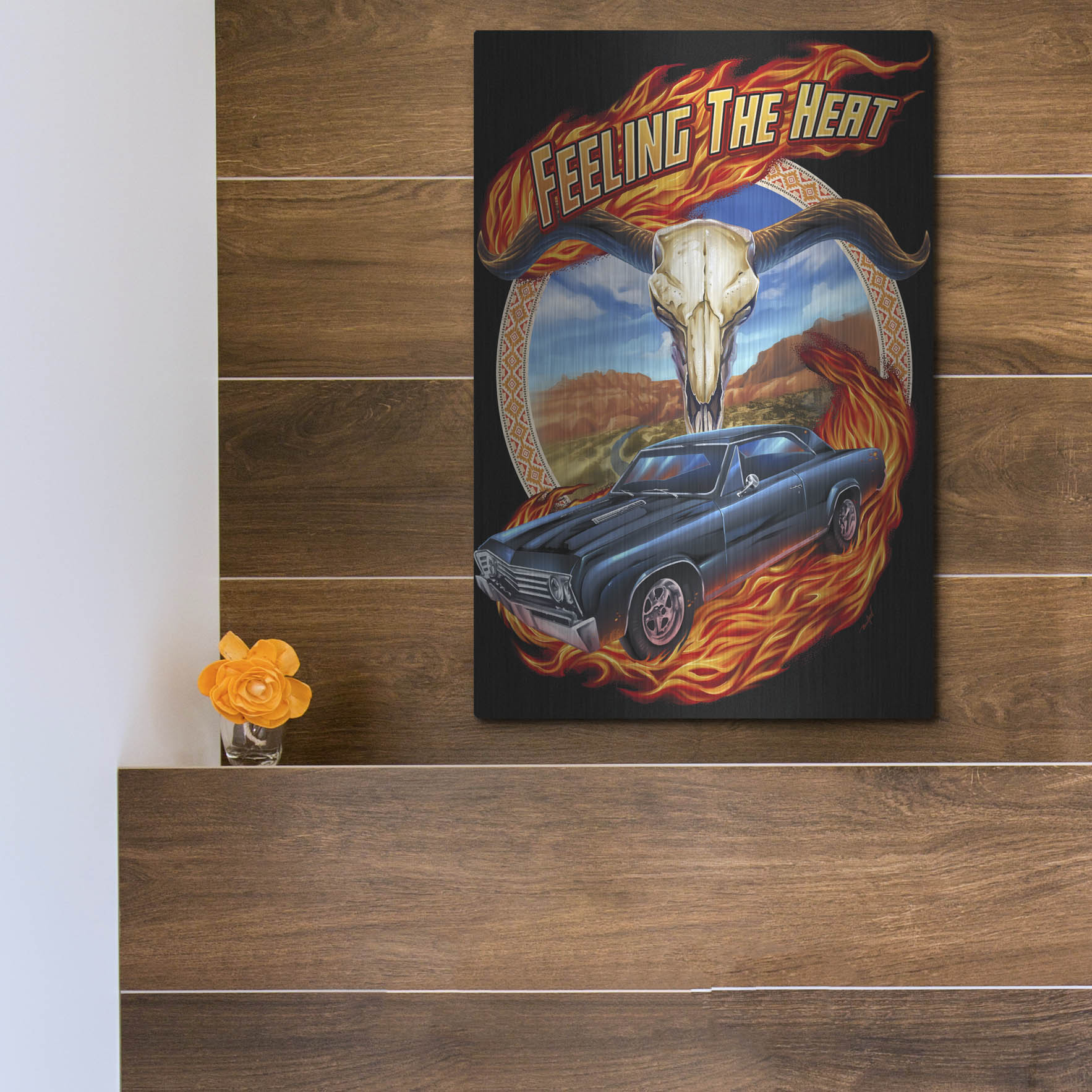 Luxe Metal Art 'Hot Rod Steer Skull Illustration' by Flyland Designs, Metal Wall Art,12x16