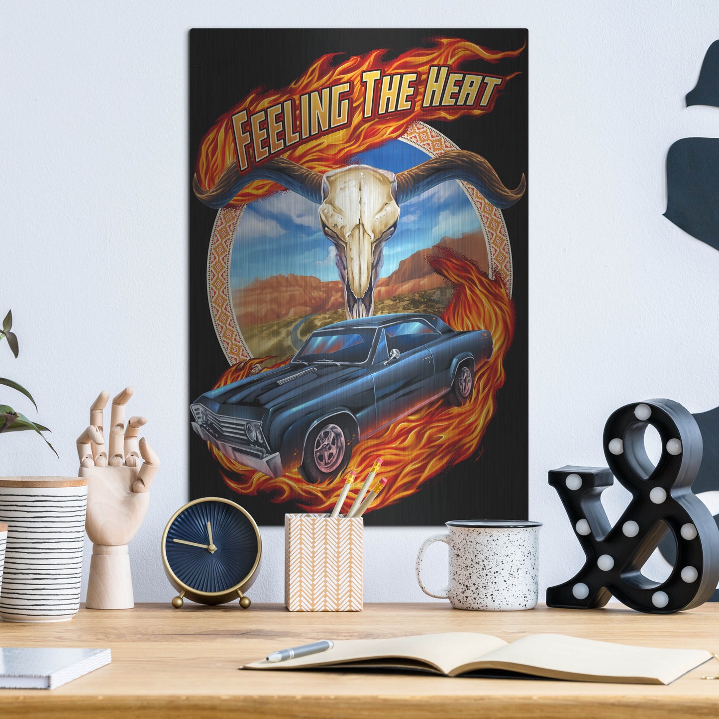 Luxe Metal Art 'Hot Rod Steer Skull Illustration' by Flyland Designs, Metal Wall Art,12x16