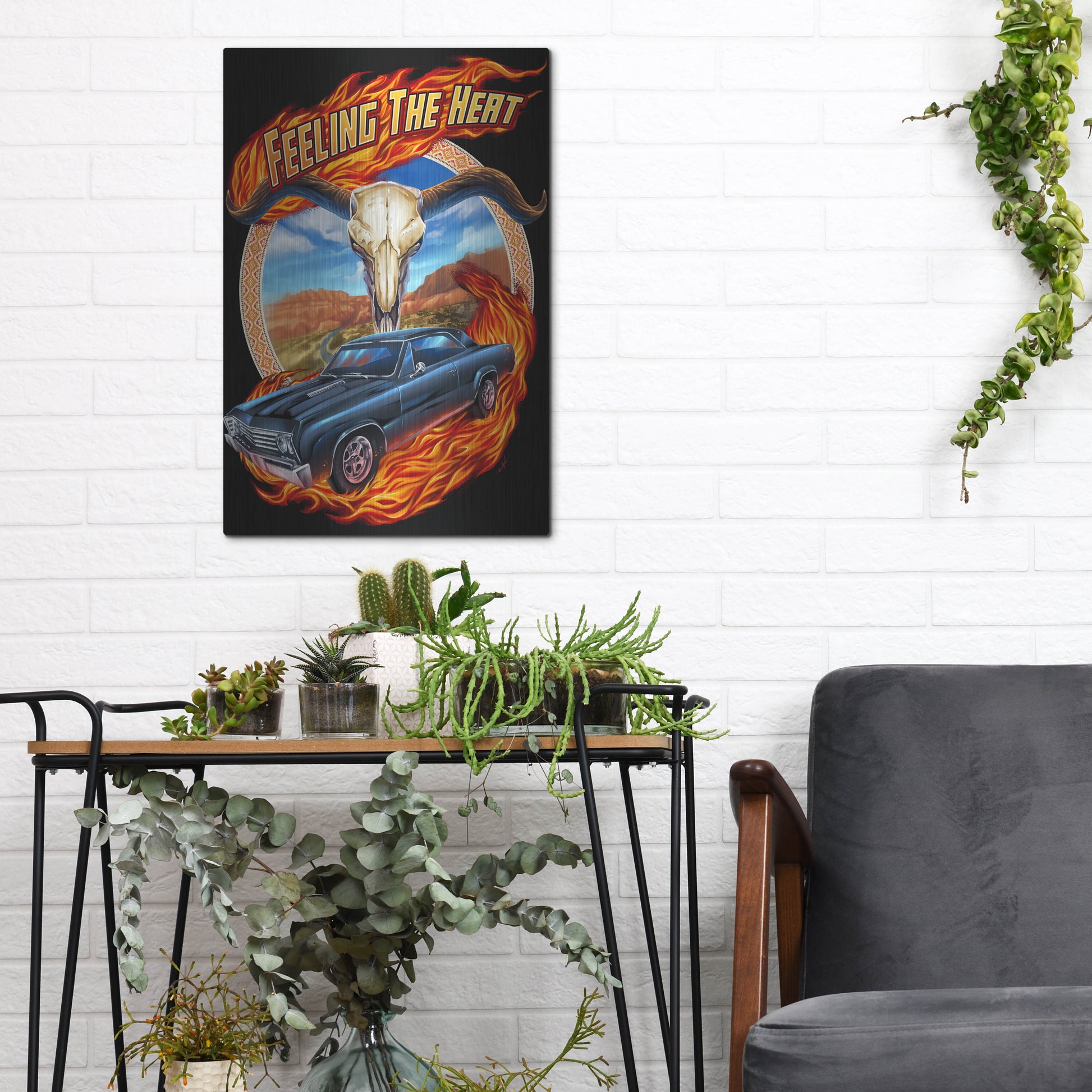 Luxe Metal Art 'Hot Rod Steer Skull Illustration' by Flyland Designs, Metal Wall Art,12x16