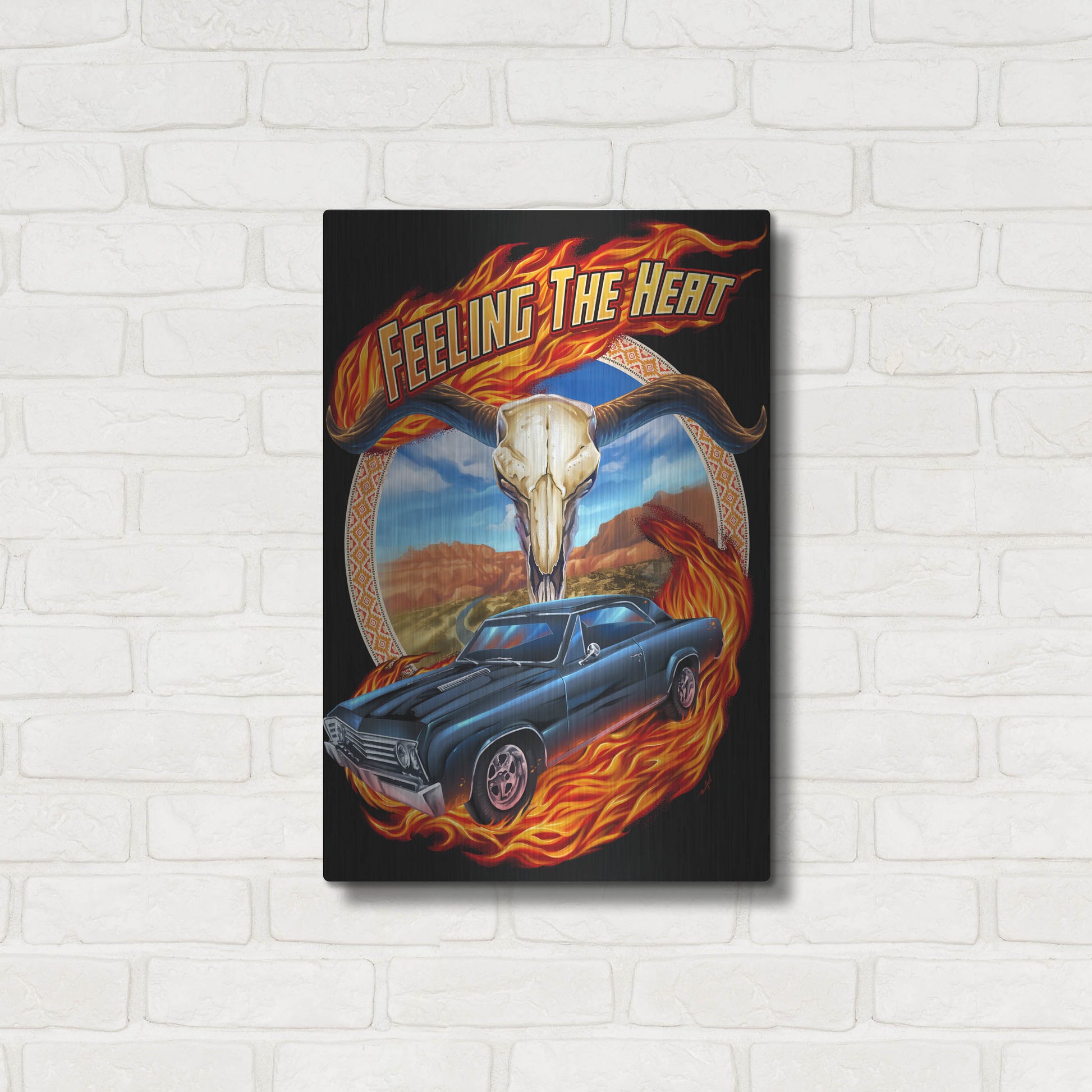 Luxe Metal Art 'Hot Rod Steer Skull Illustration' by Flyland Designs, Metal Wall Art,16x24