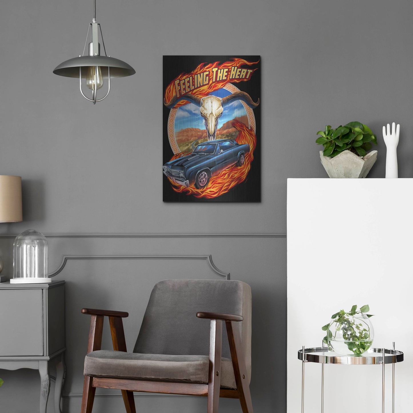 Luxe Metal Art 'Hot Rod Steer Skull Illustration' by Flyland Designs, Metal Wall Art,16x24