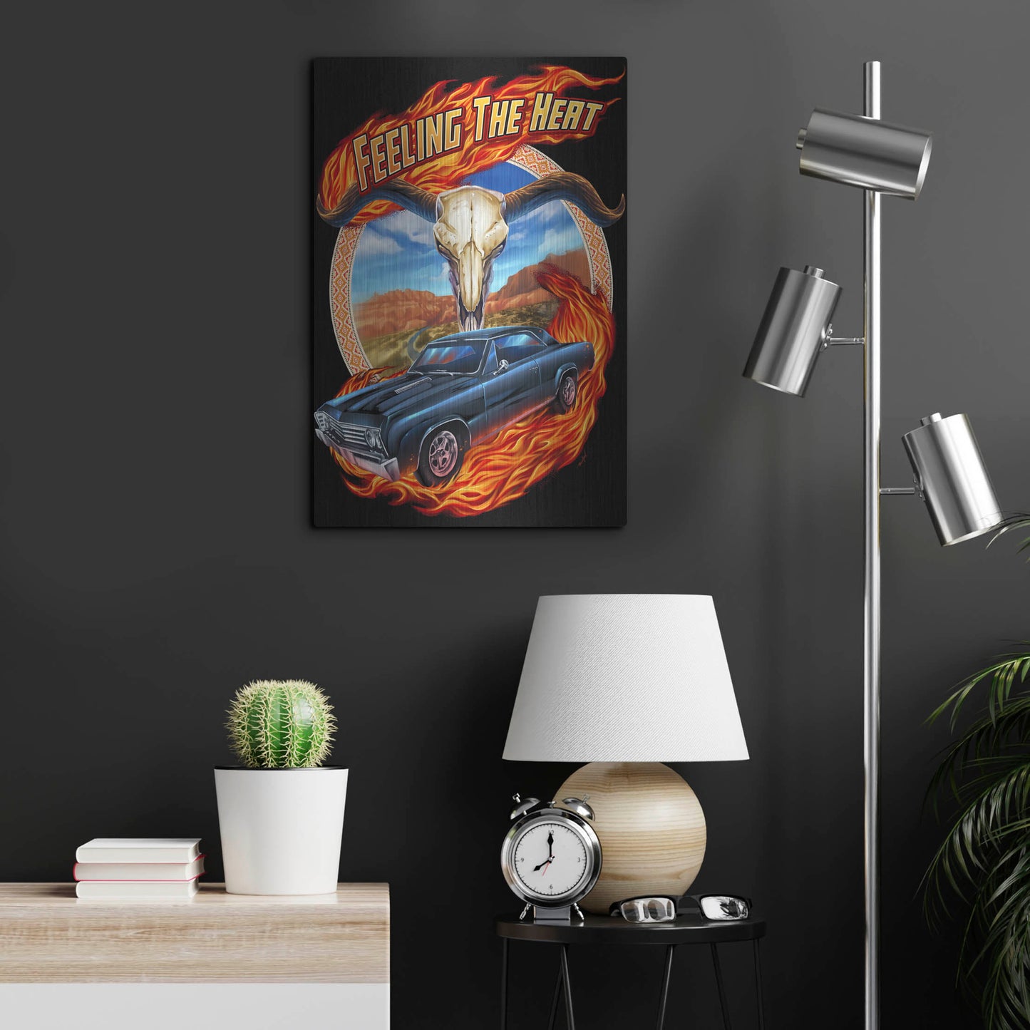 Luxe Metal Art 'Hot Rod Steer Skull Illustration' by Flyland Designs, Metal Wall Art,16x24