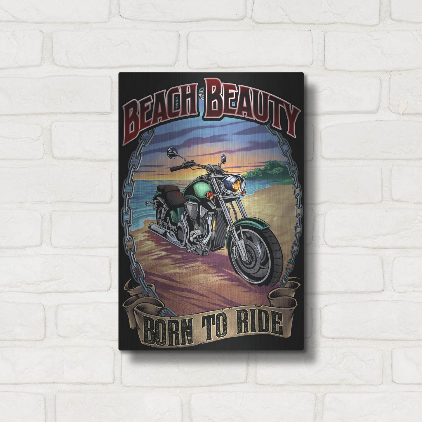 Luxe Metal Art 'Motorcycle On Beach' by Flyland Designs, Metal Wall Art,12x16