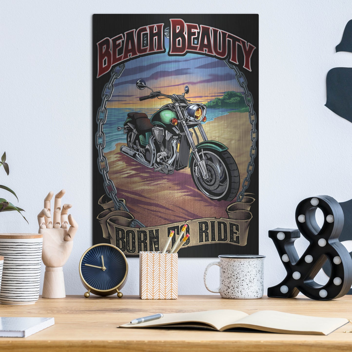 Luxe Metal Art 'Motorcycle On Beach' by Flyland Designs, Metal Wall Art,12x16