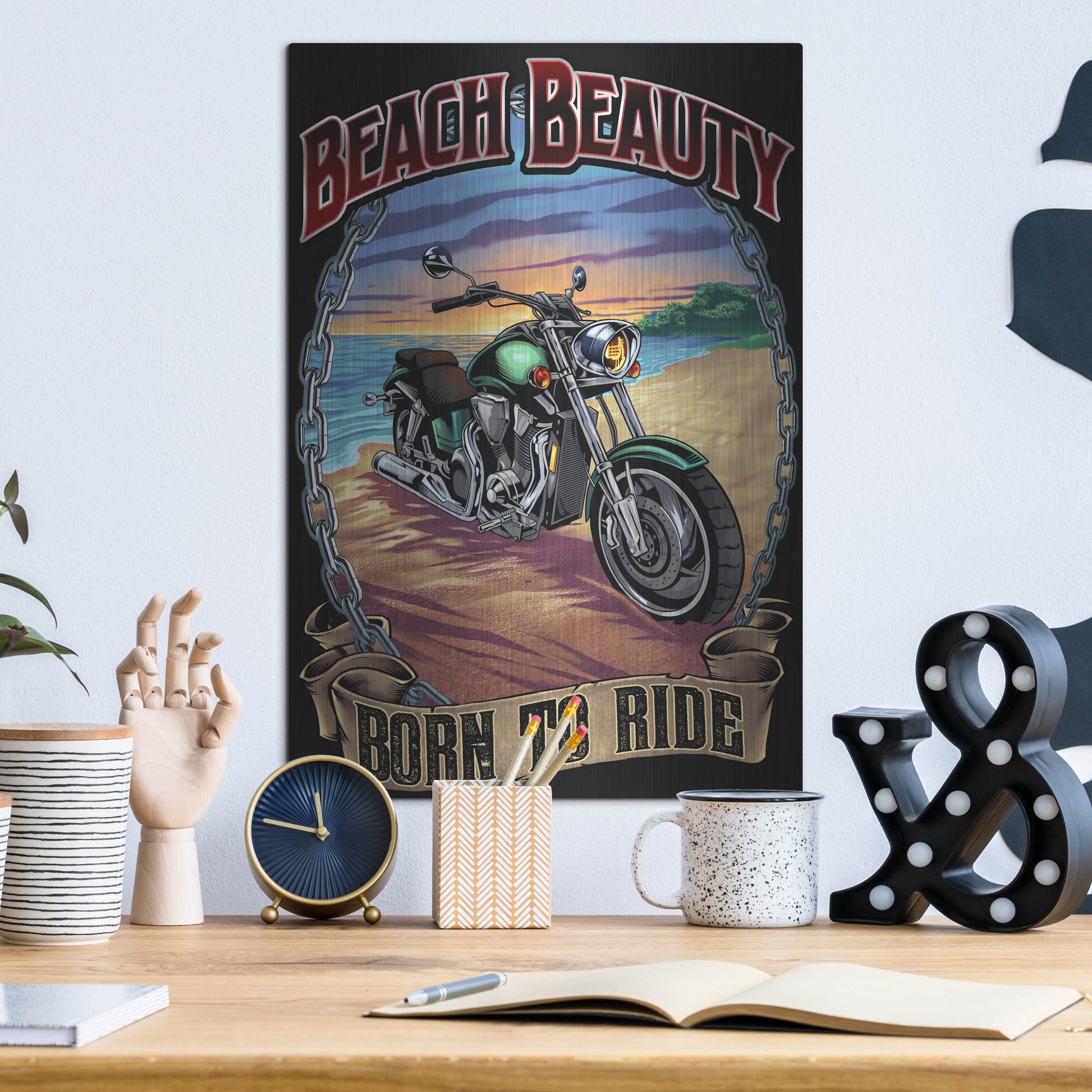 Luxe Metal Art 'Motorcycle On Beach' by Flyland Designs, Metal Wall Art,12x16