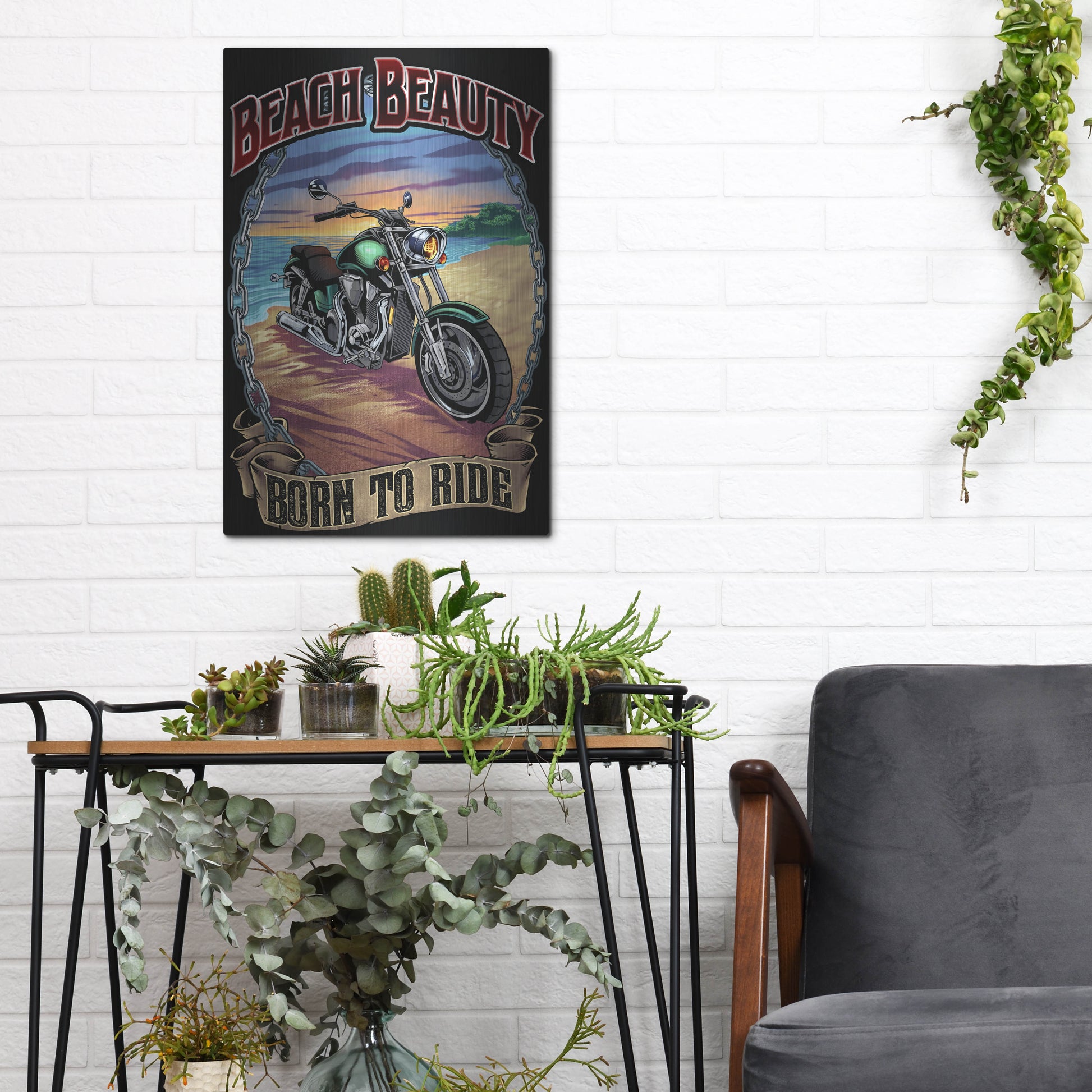 Luxe Metal Art 'Motorcycle On Beach' by Flyland Designs, Metal Wall Art,12x16