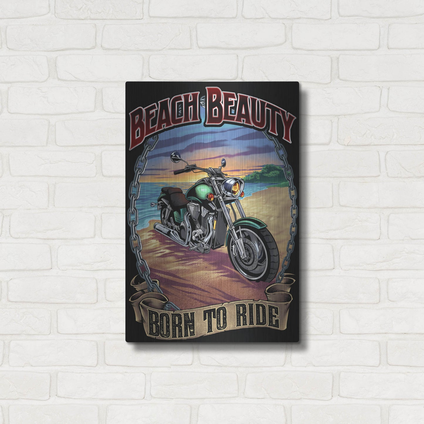 Luxe Metal Art 'Motorcycle On Beach' by Flyland Designs, Metal Wall Art,16x24