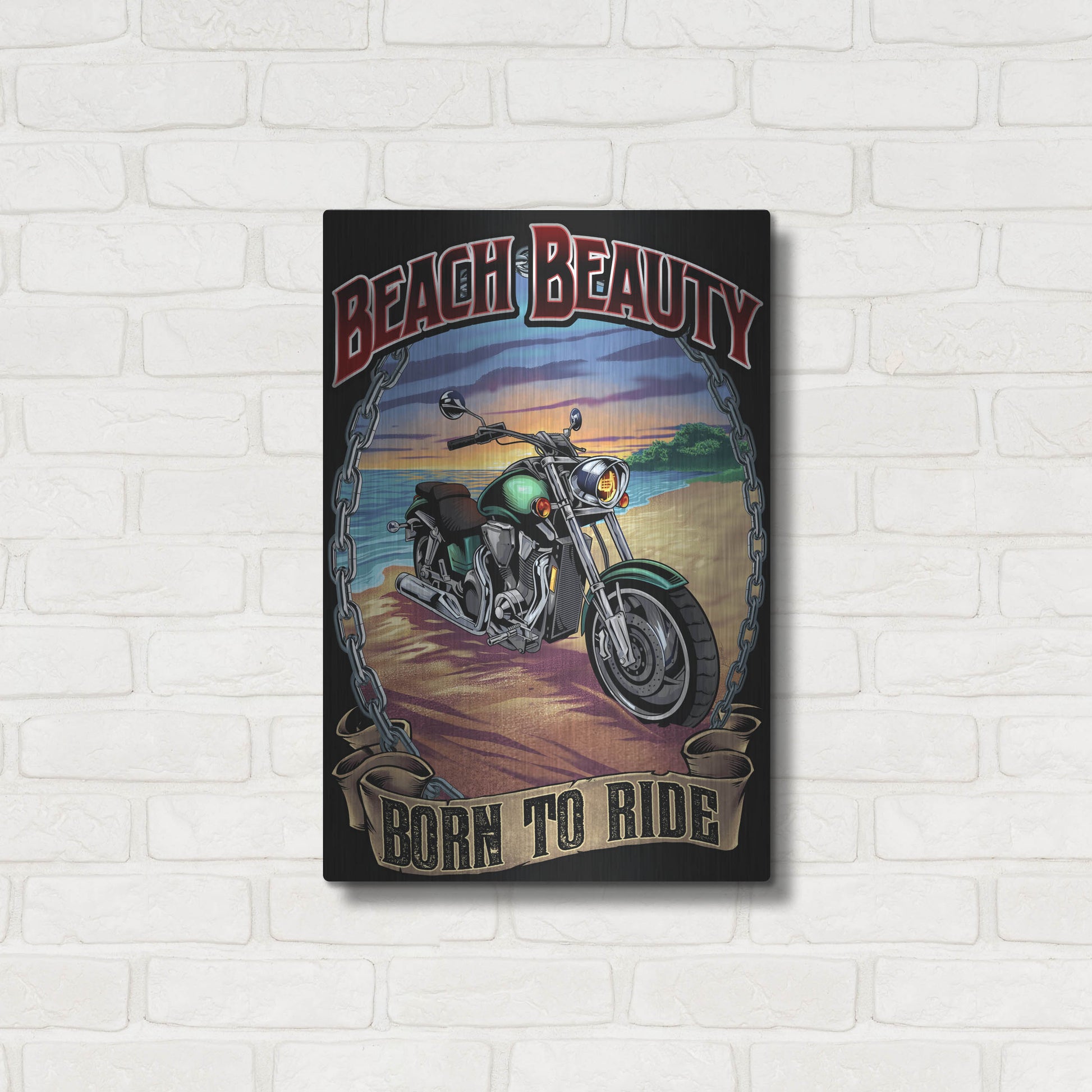 Luxe Metal Art 'Motorcycle On Beach' by Flyland Designs, Metal Wall Art,16x24