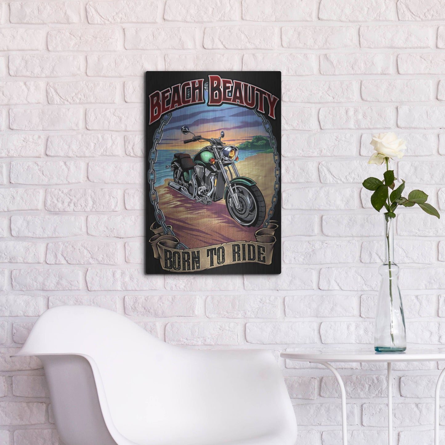 Luxe Metal Art 'Motorcycle On Beach' by Flyland Designs, Metal Wall Art,16x24