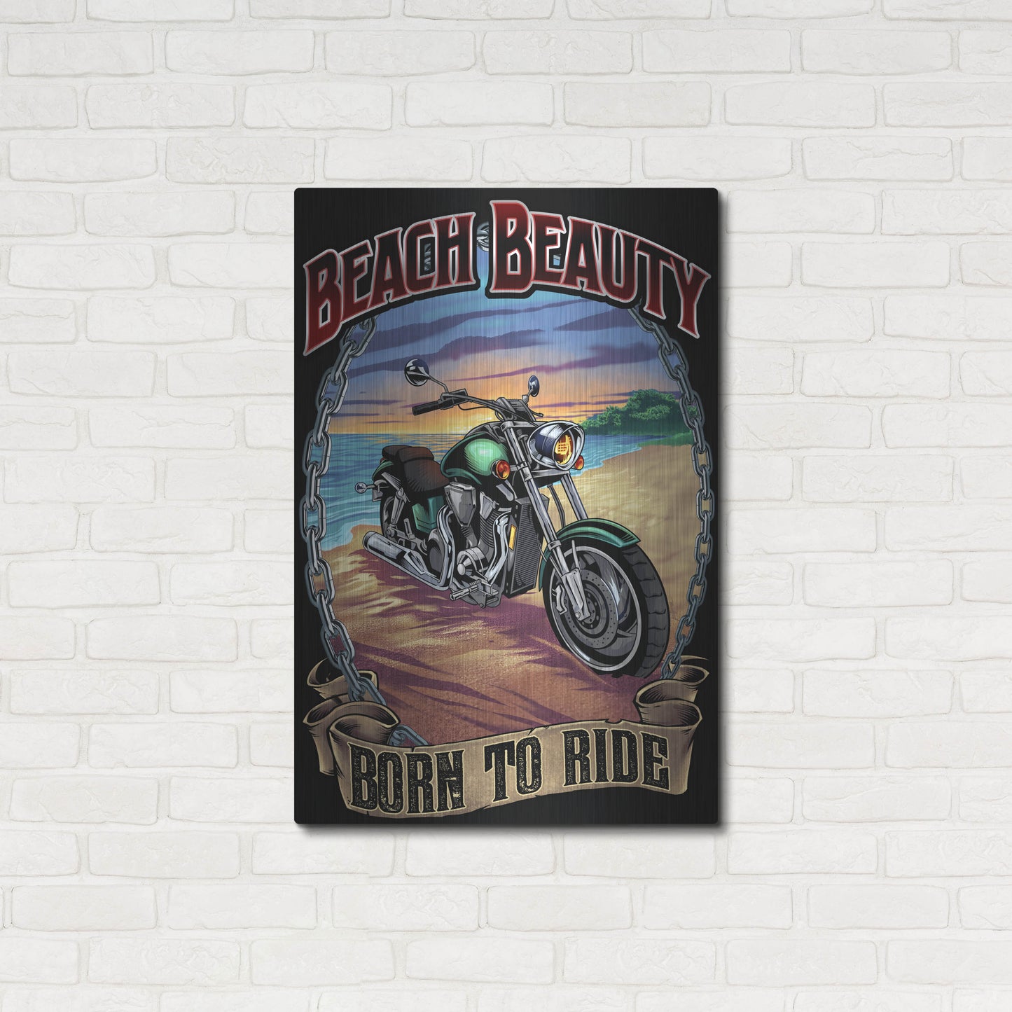Luxe Metal Art 'Motorcycle On Beach' by Flyland Designs, Metal Wall Art,24x36