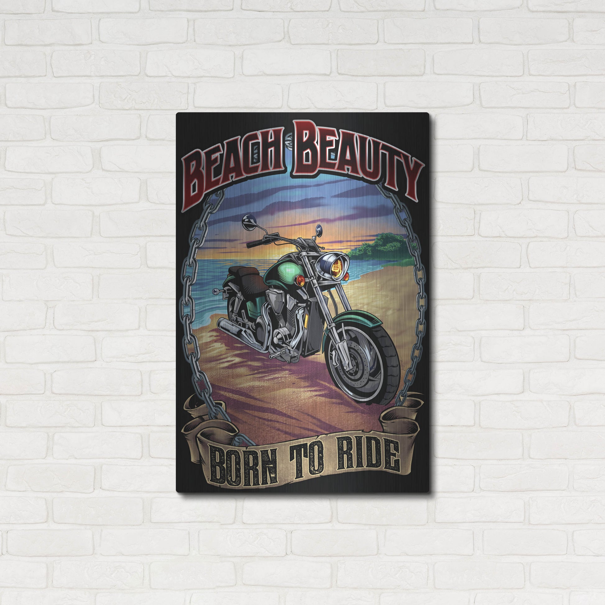 Luxe Metal Art 'Motorcycle On Beach' by Flyland Designs, Metal Wall Art,24x36