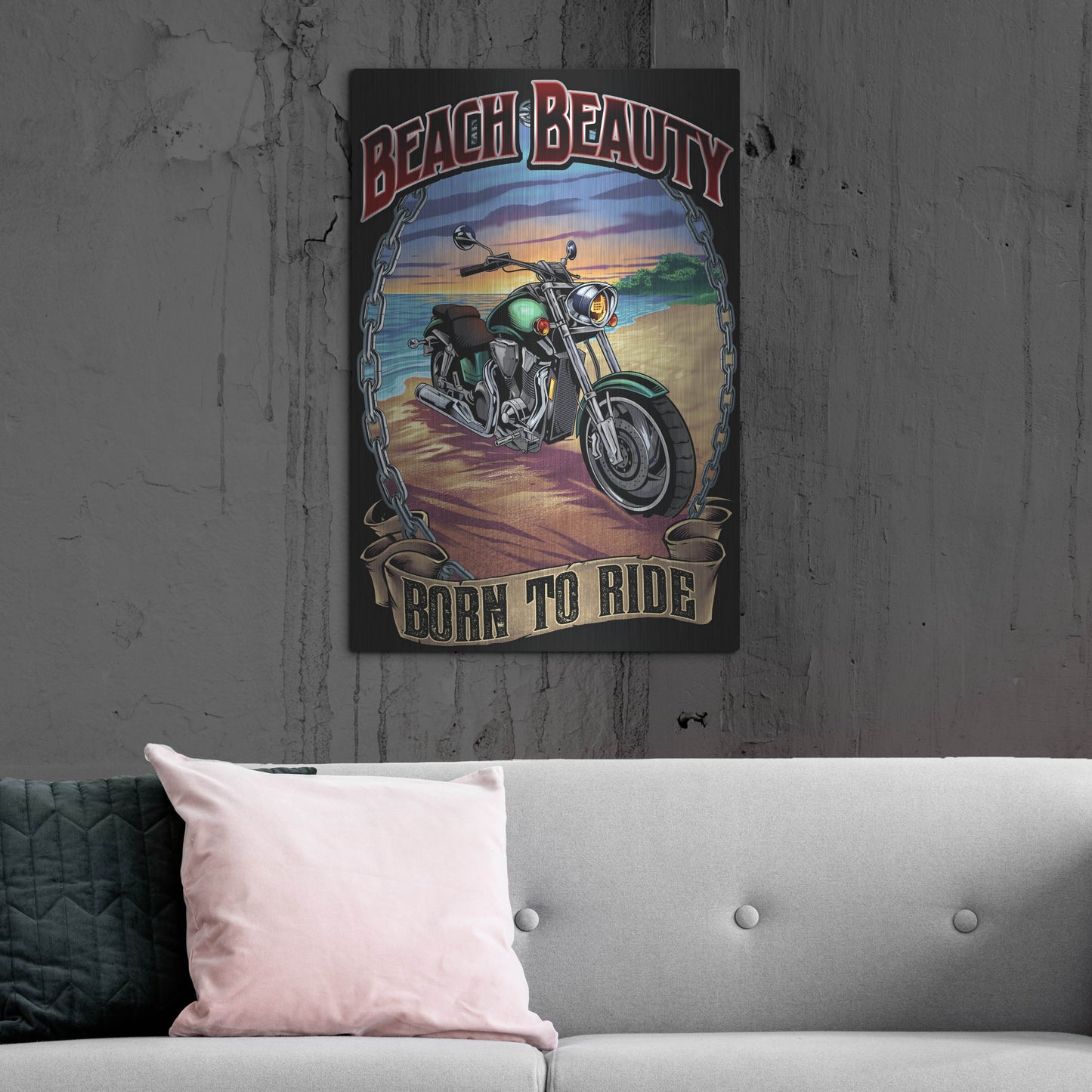 Luxe Metal Art 'Motorcycle On Beach' by Flyland Designs, Metal Wall Art,24x36