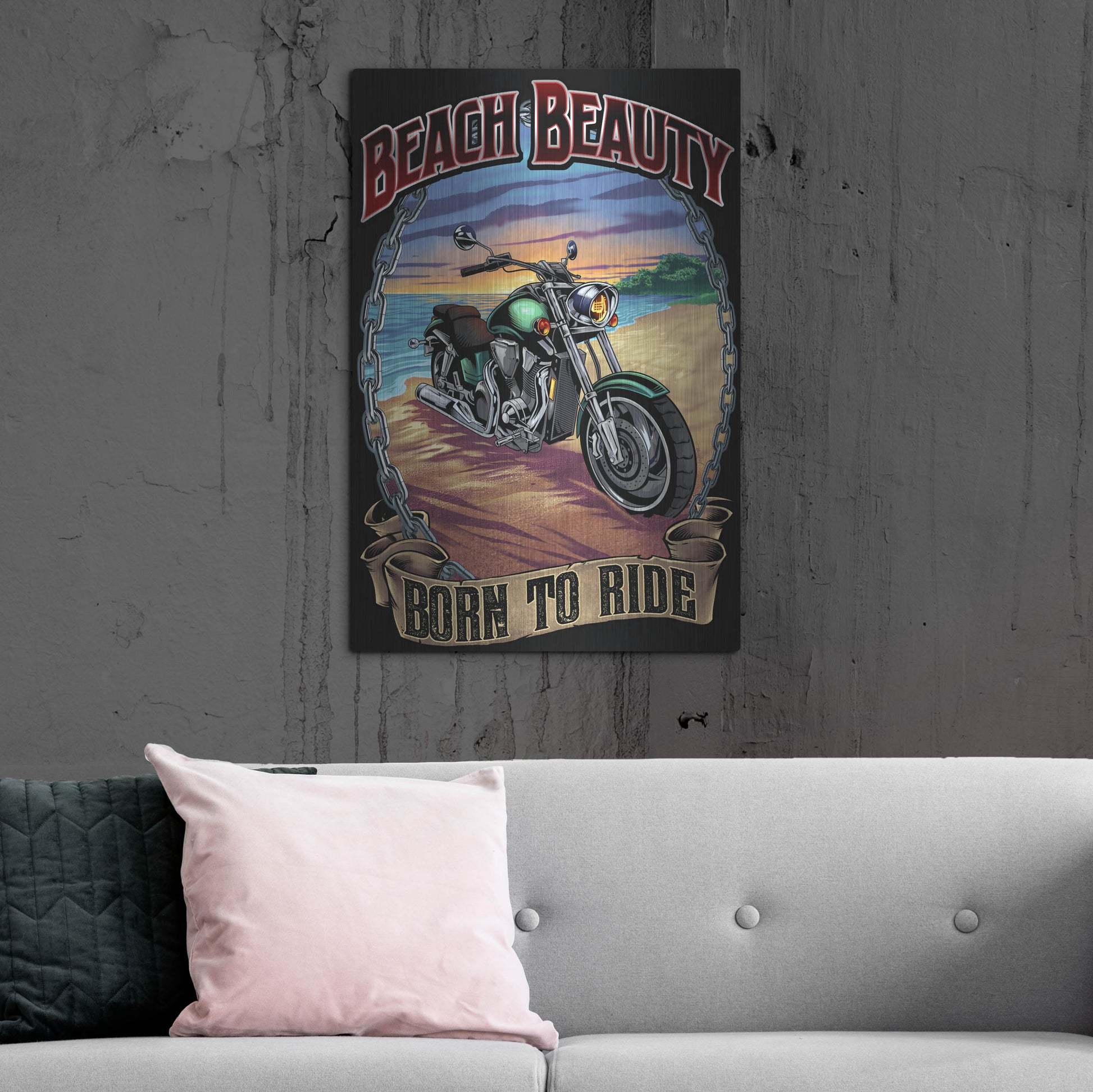 Luxe Metal Art 'Motorcycle On Beach' by Flyland Designs, Metal Wall Art,24x36