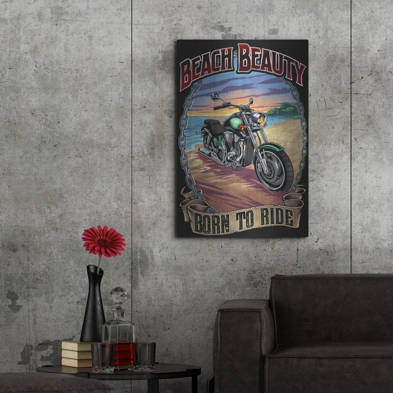 Luxe Metal Art 'Motorcycle On Beach' by Flyland Designs, Metal Wall Art,24x36