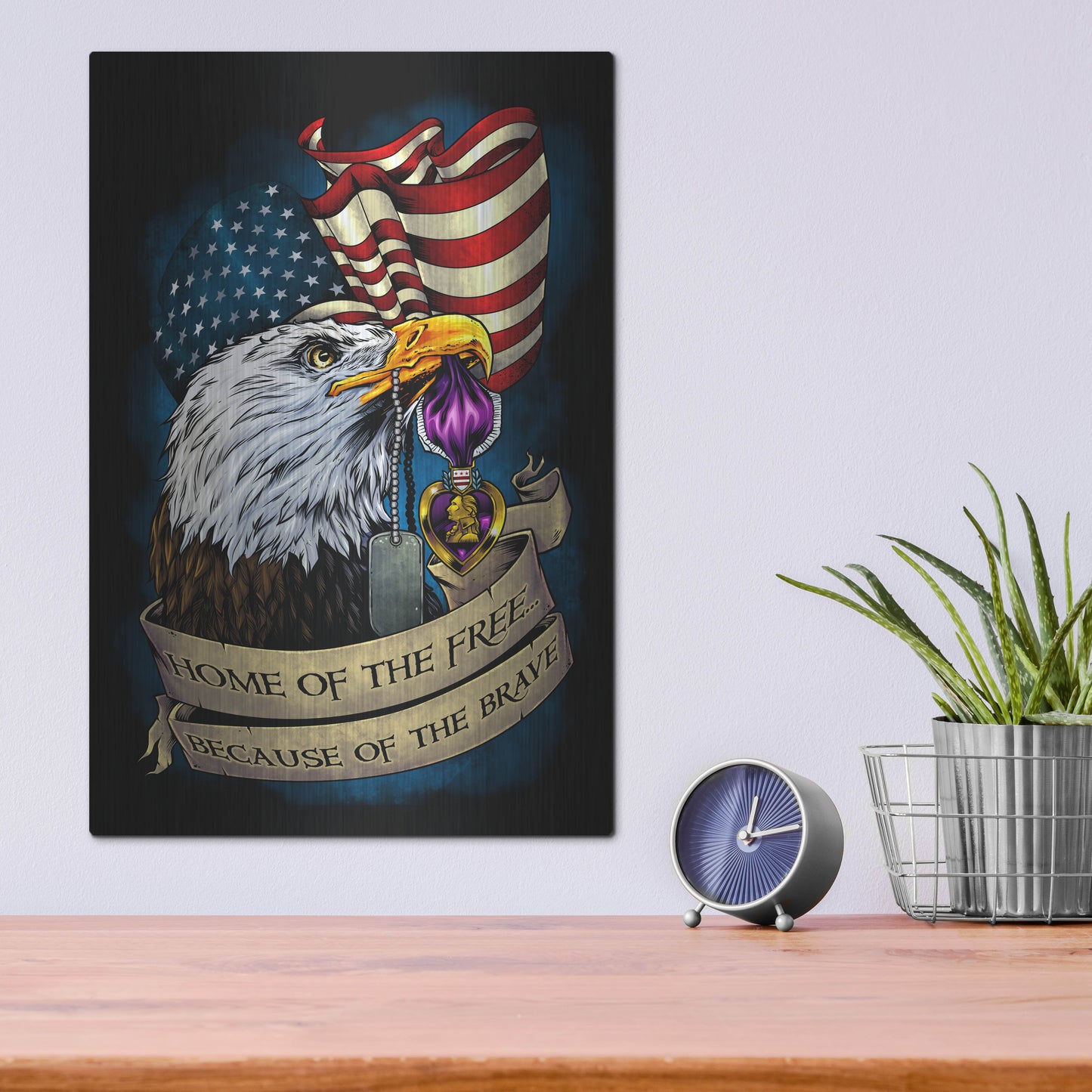 Luxe Metal Art 'Purple Heart Eagle and Flag 01' by Flyland Designs, Metal Wall Art,12x16