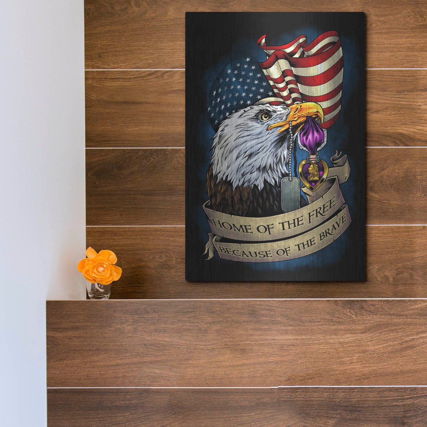 Luxe Metal Art 'Purple Heart Eagle and Flag 01' by Flyland Designs, Metal Wall Art,12x16