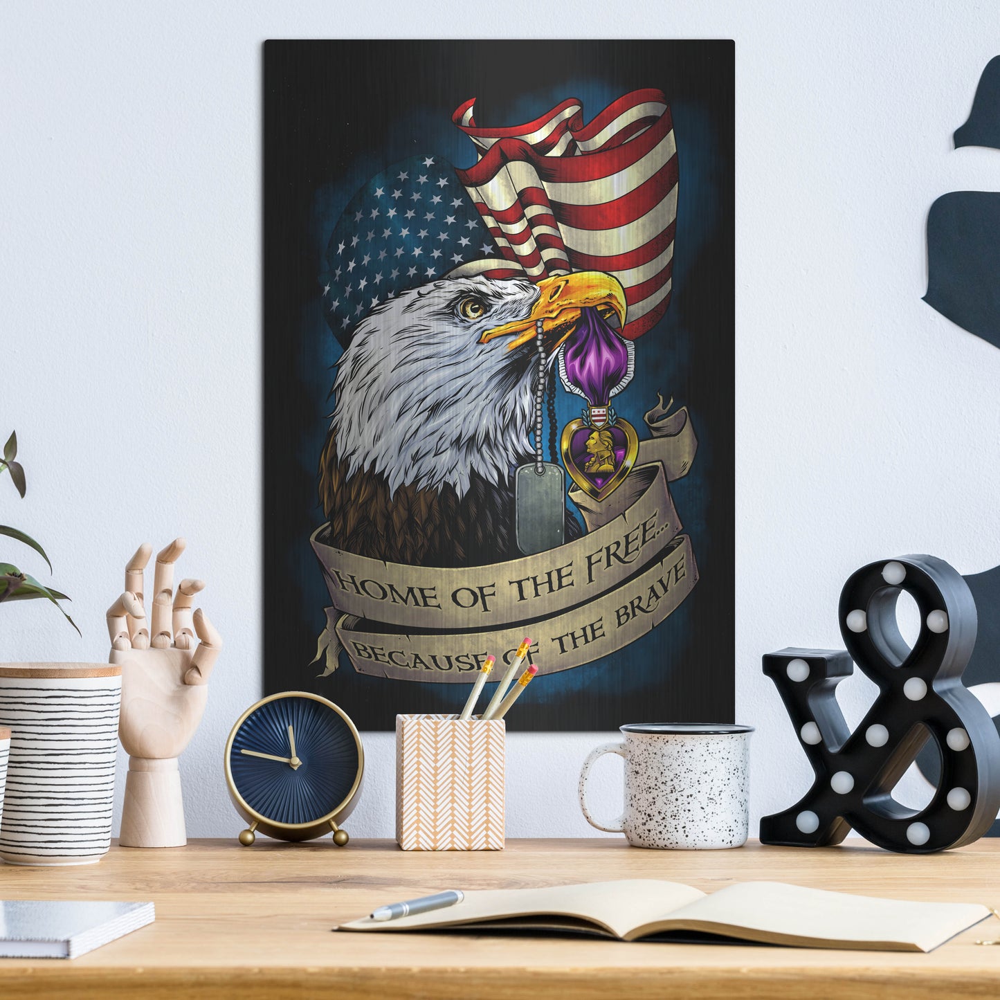 Luxe Metal Art 'Purple Heart Eagle and Flag 01' by Flyland Designs, Metal Wall Art,12x16
