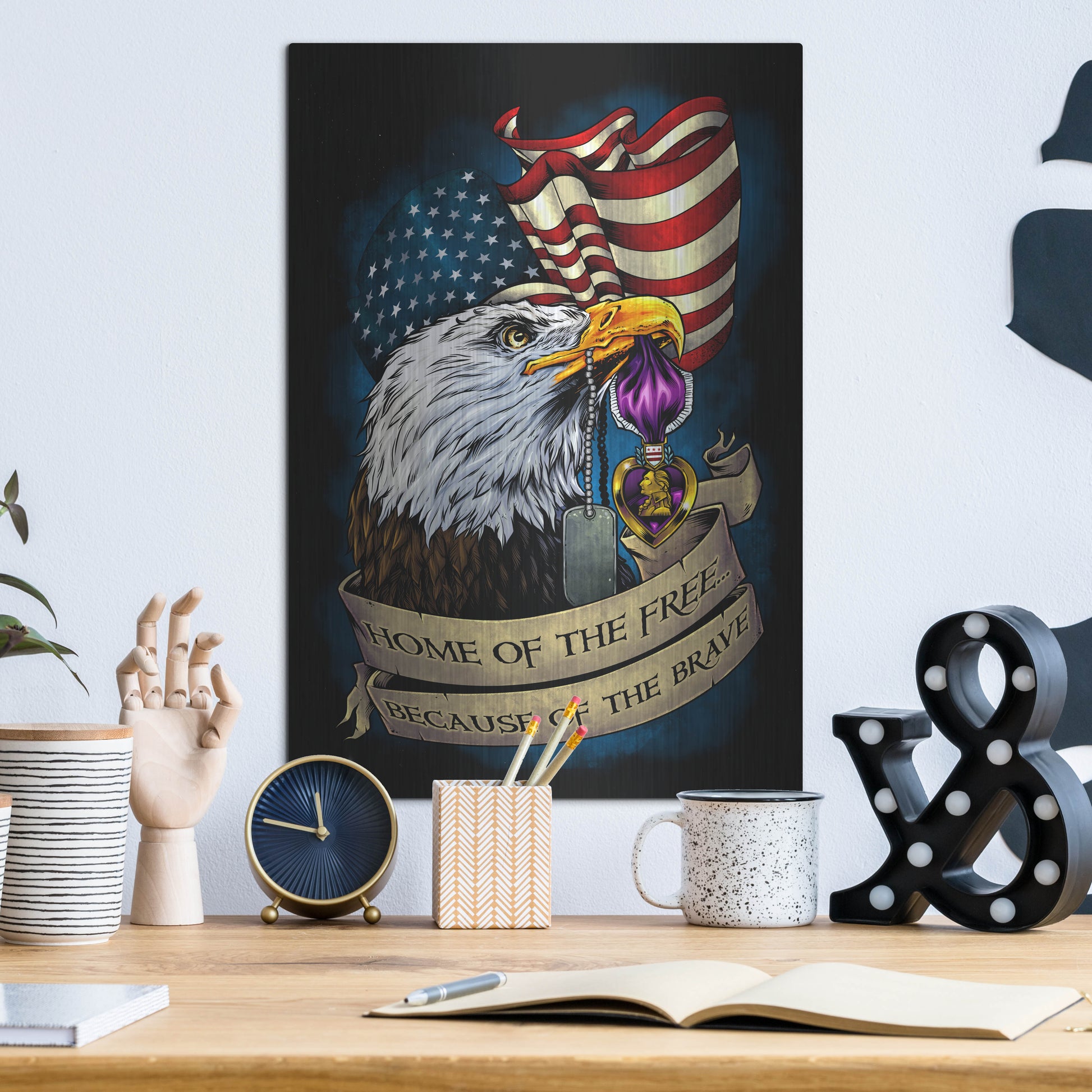 Luxe Metal Art 'Purple Heart Eagle and Flag 01' by Flyland Designs, Metal Wall Art,12x16