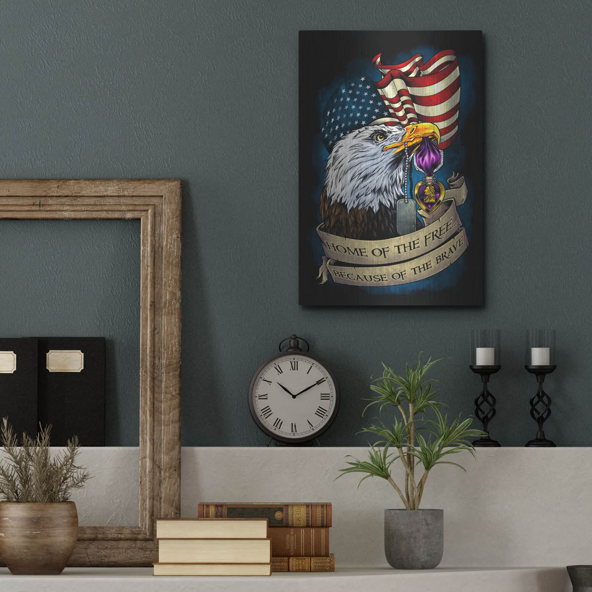 Luxe Metal Art 'Purple Heart Eagle and Flag 01' by Flyland Designs, Metal Wall Art,12x16