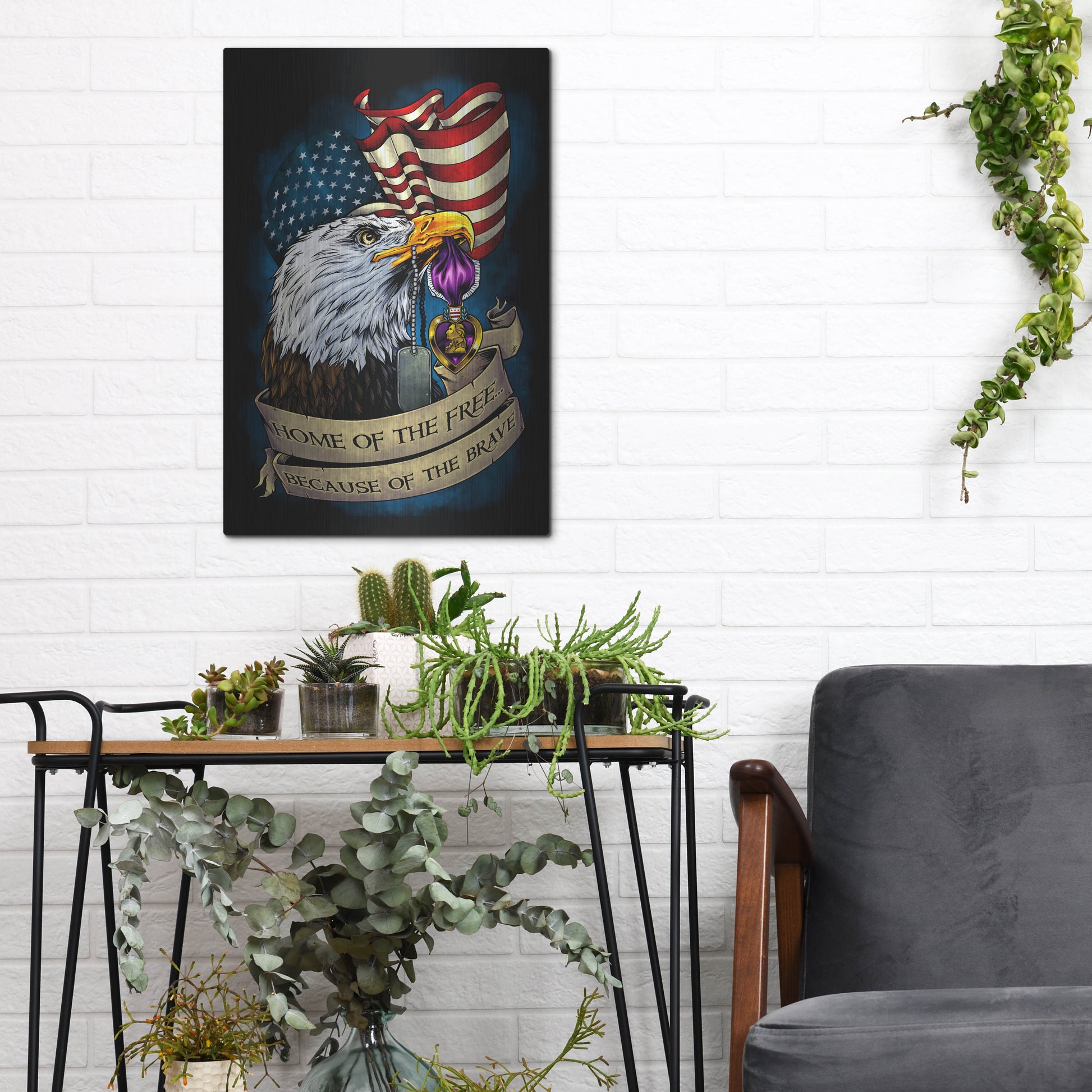 Luxe Metal Art 'Purple Heart Eagle and Flag 01' by Flyland Designs, Metal Wall Art,12x16