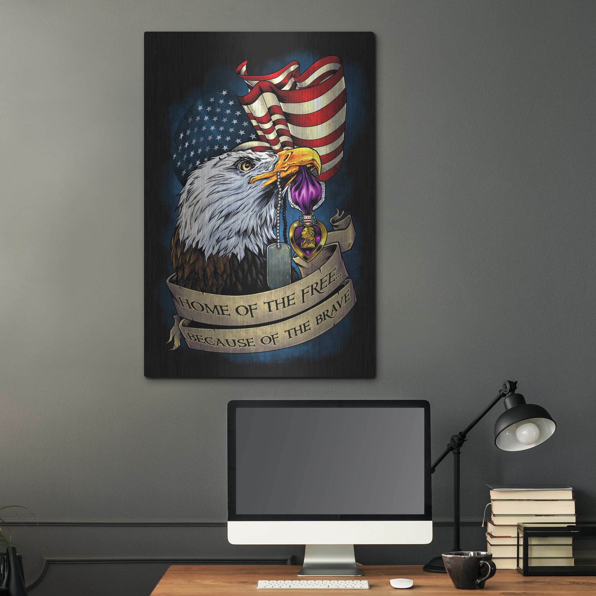 Luxe Metal Art 'Purple Heart Eagle and Flag 01' by Flyland Designs, Metal Wall Art,24x36