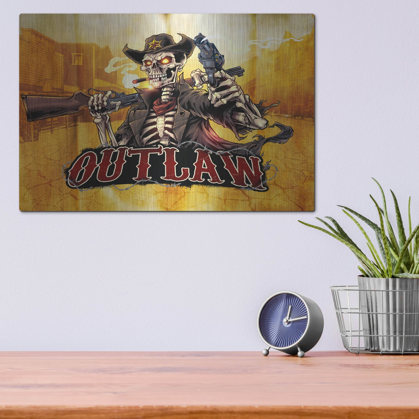 Luxe Metal Art 'Cowboy Skeleton Outlaw Mascot' by Flyland Designs, Metal Wall Art,16x12