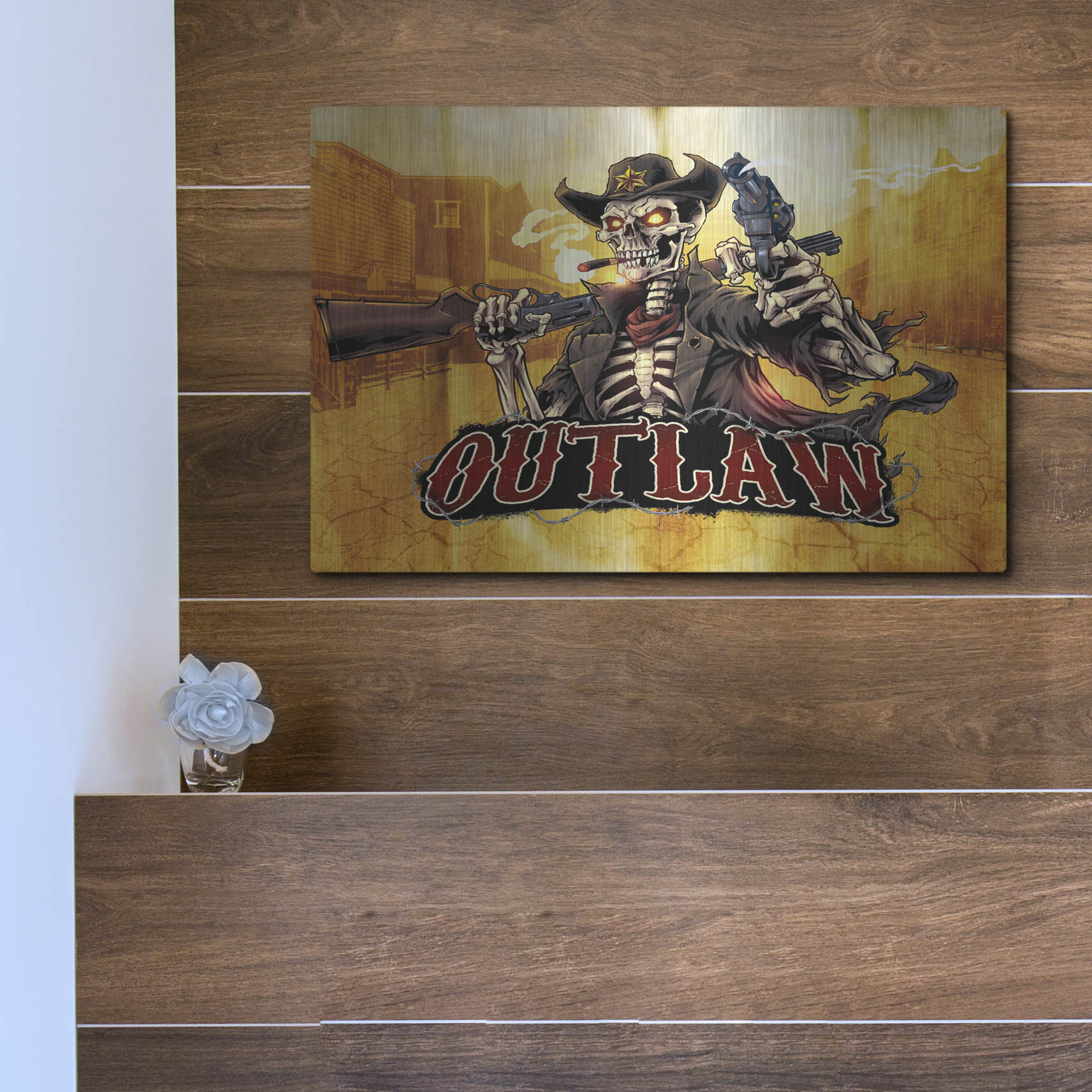 Luxe Metal Art 'Cowboy Skeleton Outlaw Mascot' by Flyland Designs, Metal Wall Art,16x12