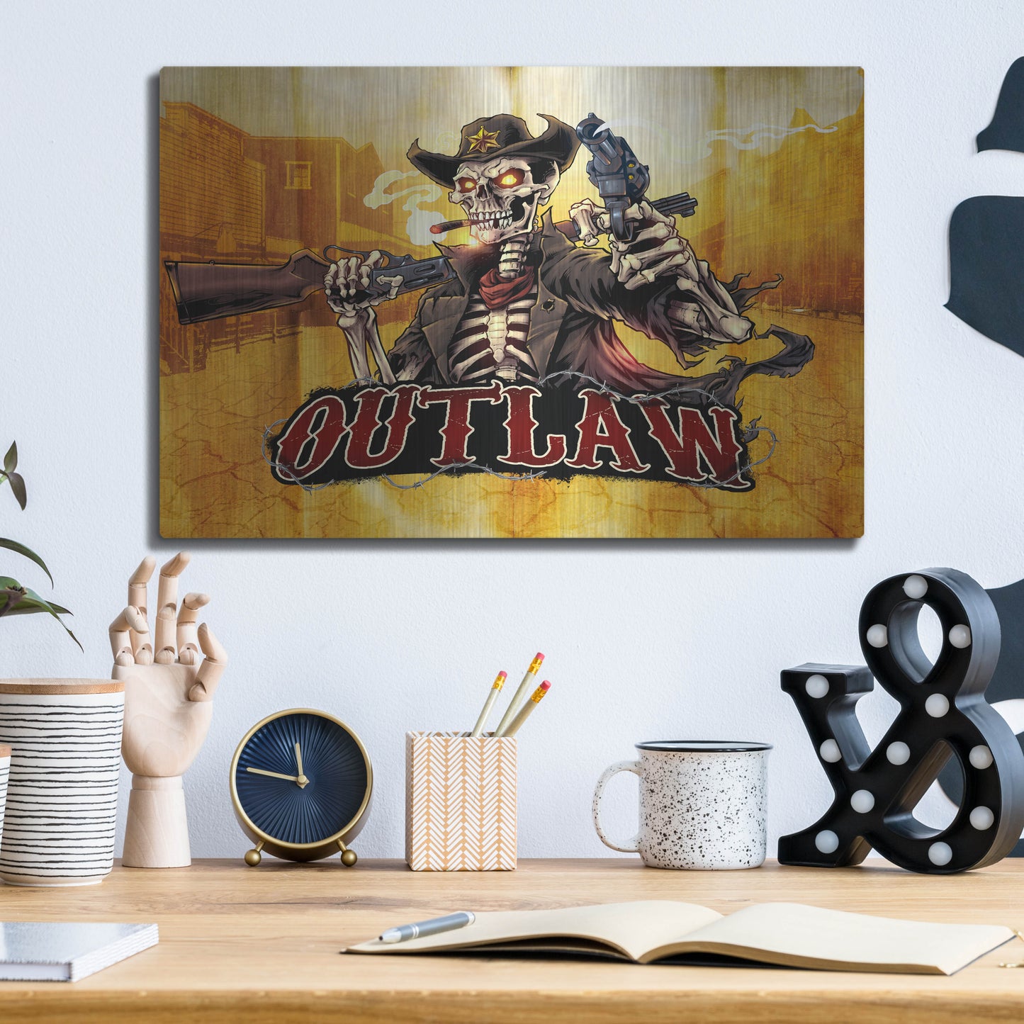 Luxe Metal Art 'Cowboy Skeleton Outlaw Mascot' by Flyland Designs, Metal Wall Art,16x12