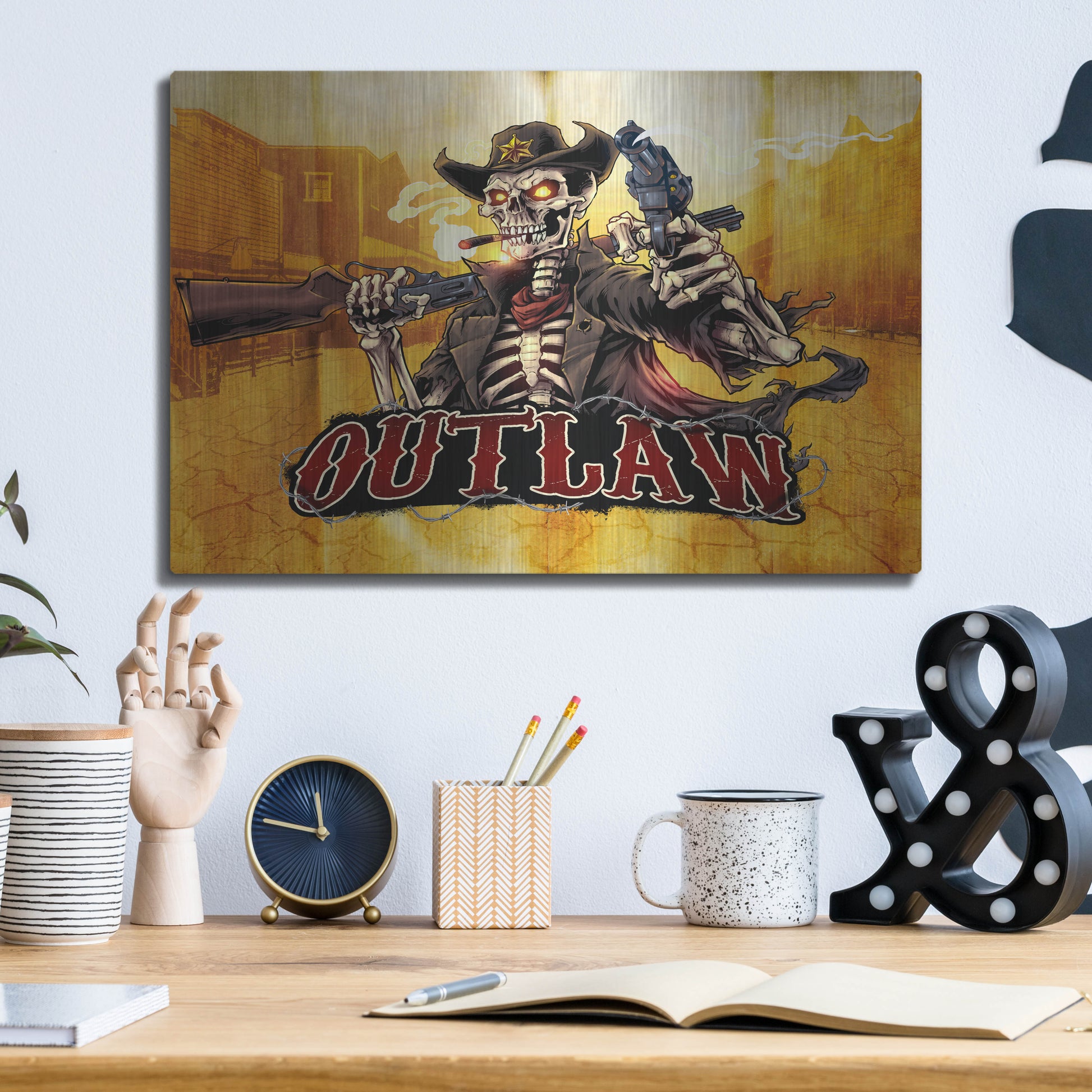Luxe Metal Art 'Cowboy Skeleton Outlaw Mascot' by Flyland Designs, Metal Wall Art,16x12