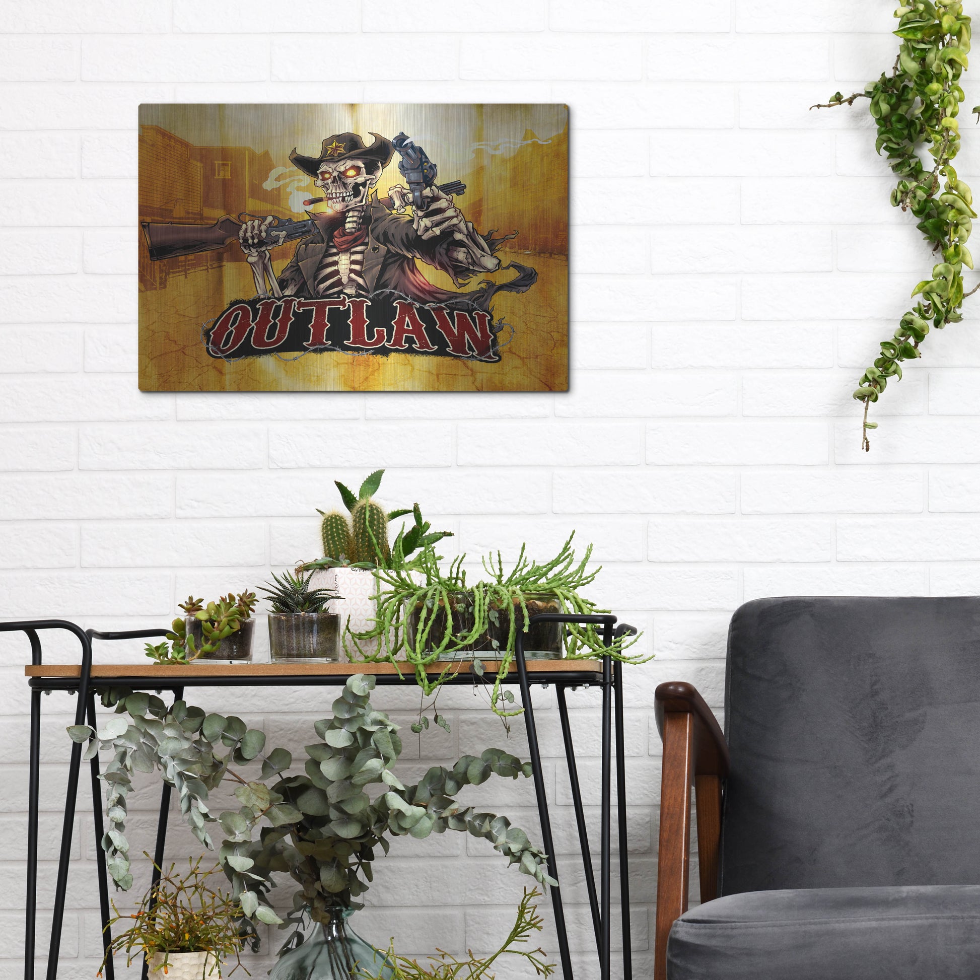 Luxe Metal Art 'Cowboy Skeleton Outlaw Mascot' by Flyland Designs, Metal Wall Art,16x12