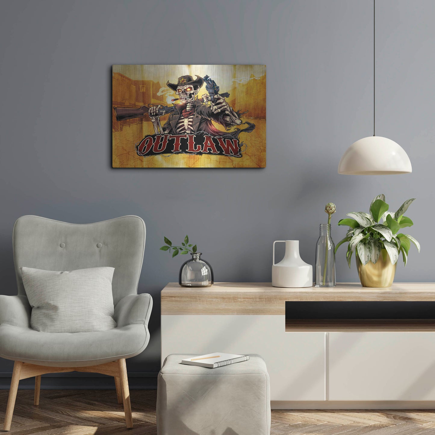 Luxe Metal Art 'Cowboy Skeleton Outlaw Mascot' by Flyland Designs, Metal Wall Art,24x16