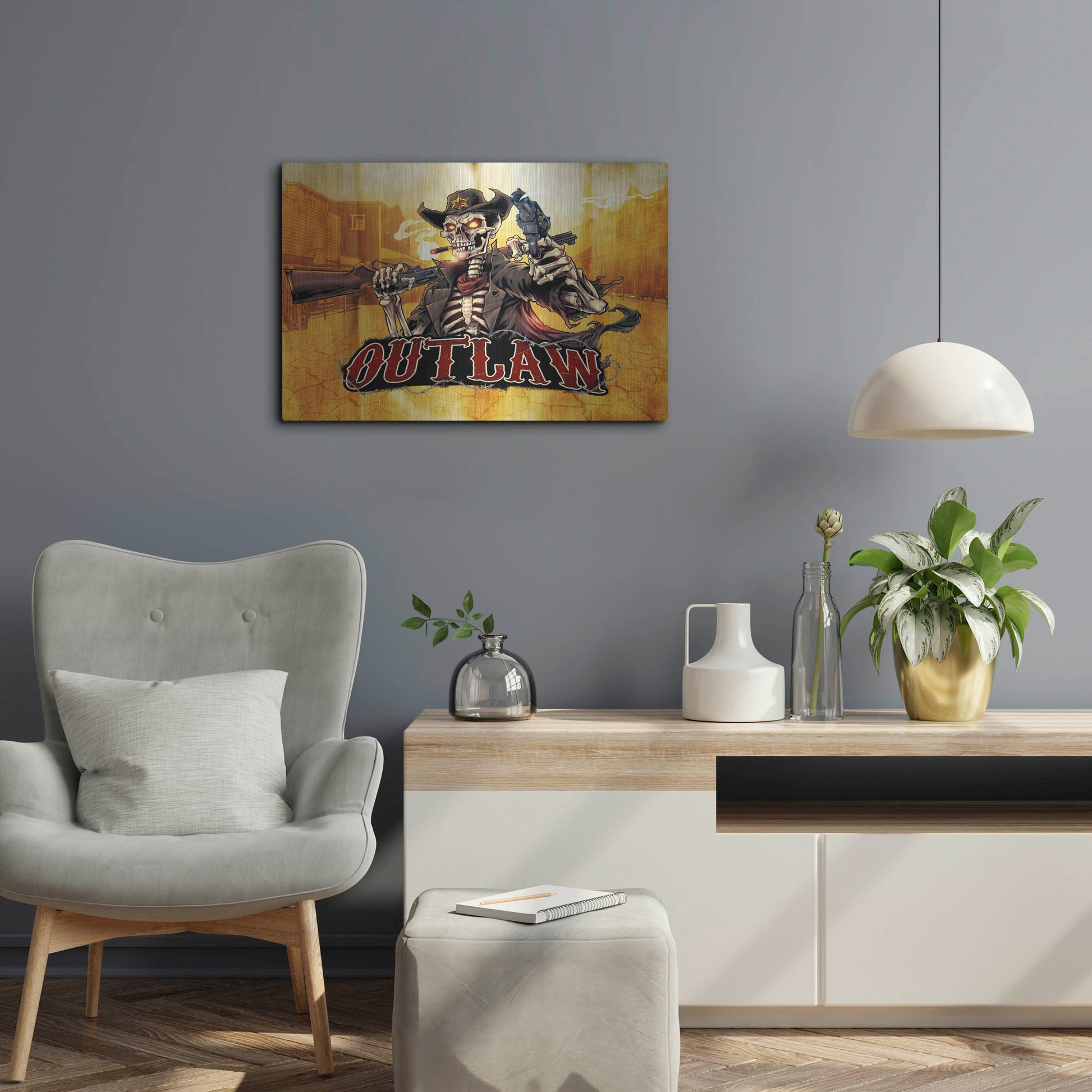 Luxe Metal Art 'Cowboy Skeleton Outlaw Mascot' by Flyland Designs, Metal Wall Art,24x16