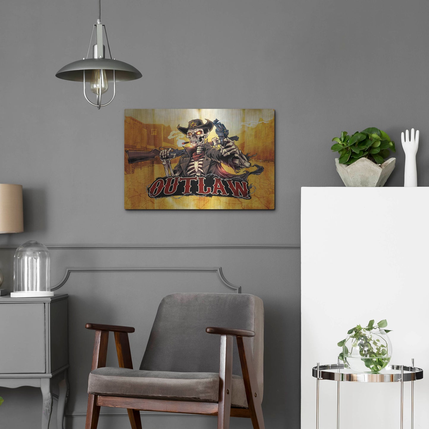 Luxe Metal Art 'Cowboy Skeleton Outlaw Mascot' by Flyland Designs, Metal Wall Art,24x16
