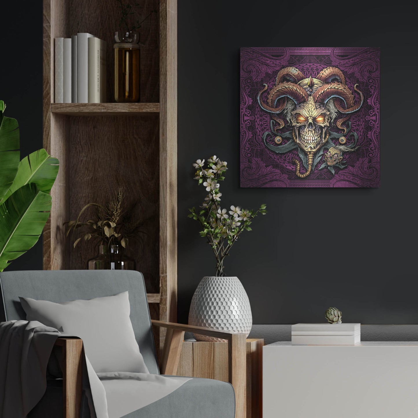 Luxe Metal Art 'Jester Skull With Horns' by Flyland Designs, Metal Wall Art,24x24