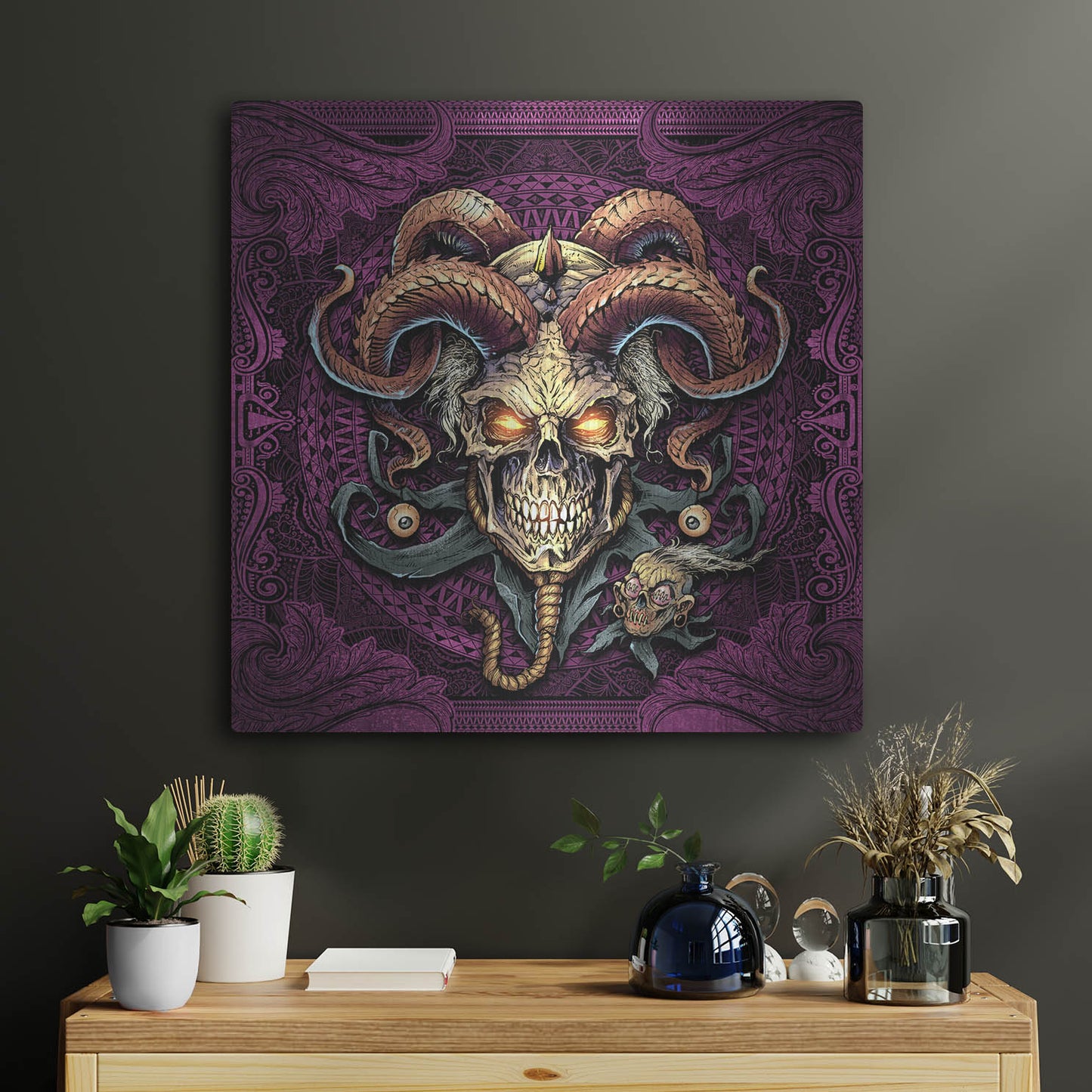 Luxe Metal Art 'Jester Skull With Horns' by Flyland Designs, Metal Wall Art,24x24