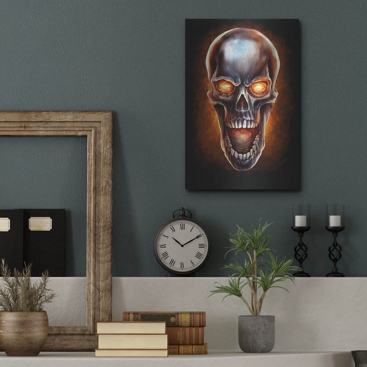 Luxe Metal Art 'Metal Fire Skull' by Flyland Designs, Metal Wall Art,12x16