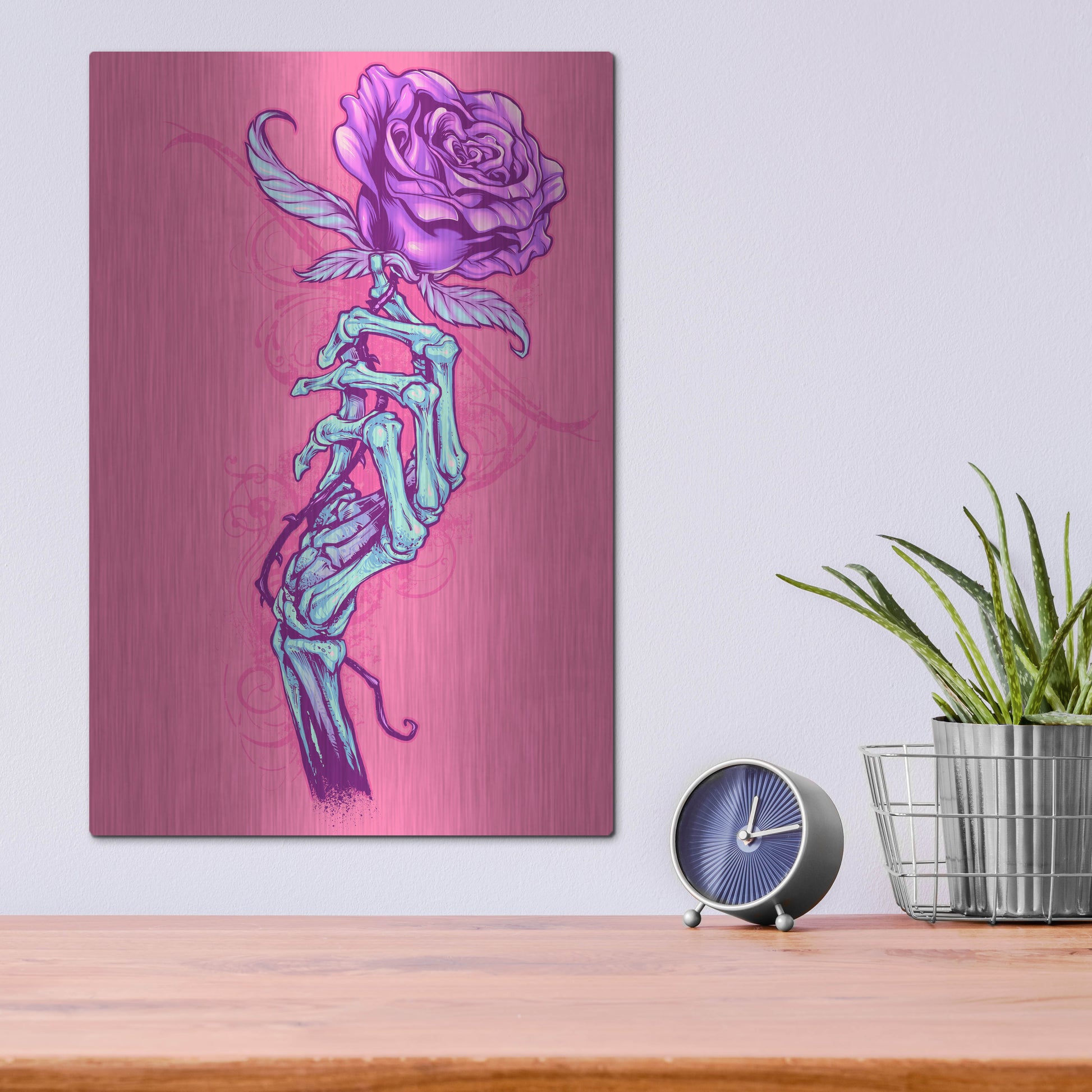 Luxe Metal Art 'Skeleton Hand With Rose' by Flyland Designs, Metal Wall Art,12x16