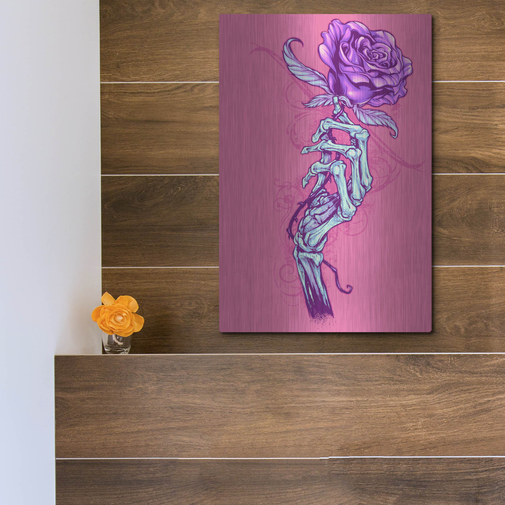 Luxe Metal Art 'Skeleton Hand With Rose' by Flyland Designs, Metal Wall Art,12x16