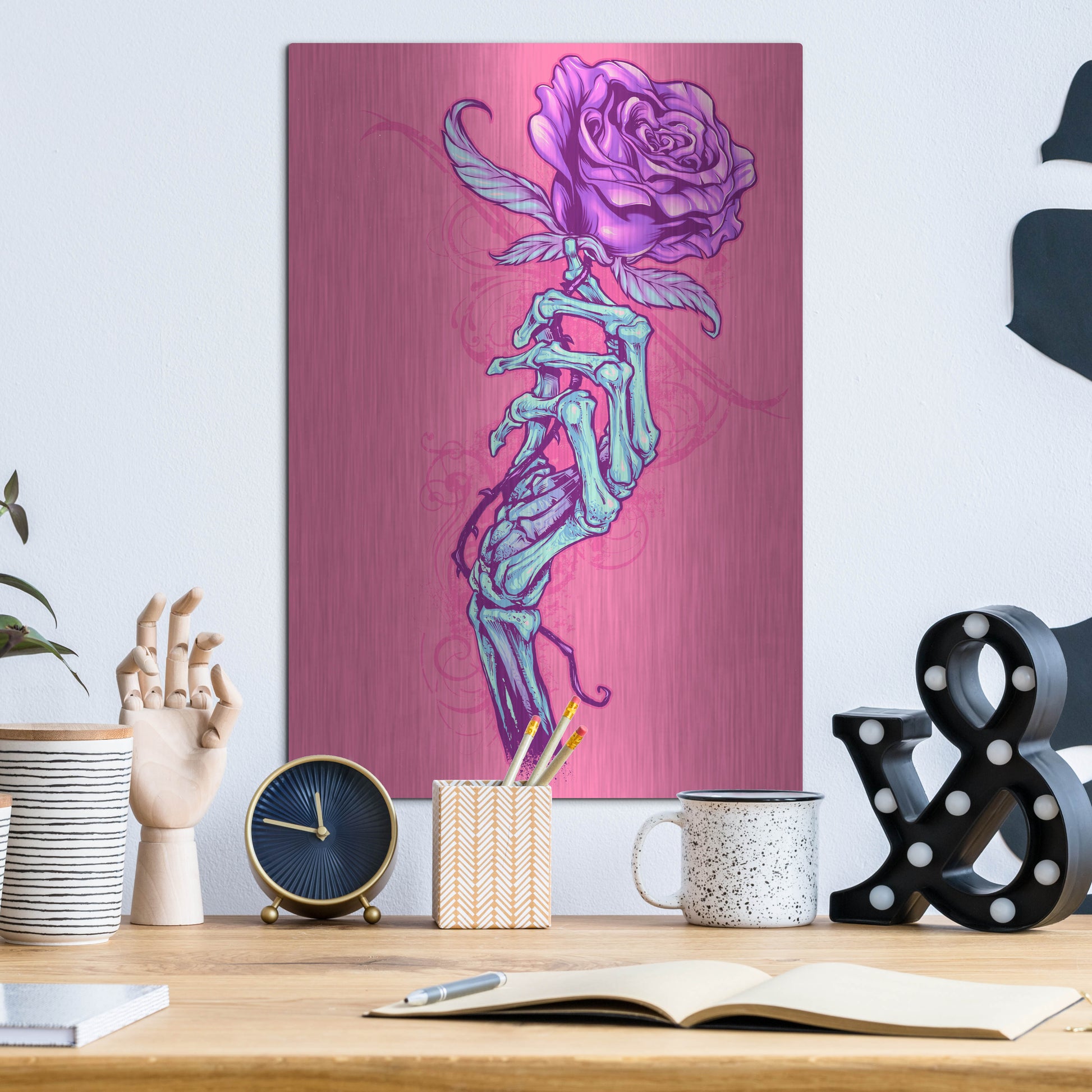 Luxe Metal Art 'Skeleton Hand With Rose' by Flyland Designs, Metal Wall Art,12x16