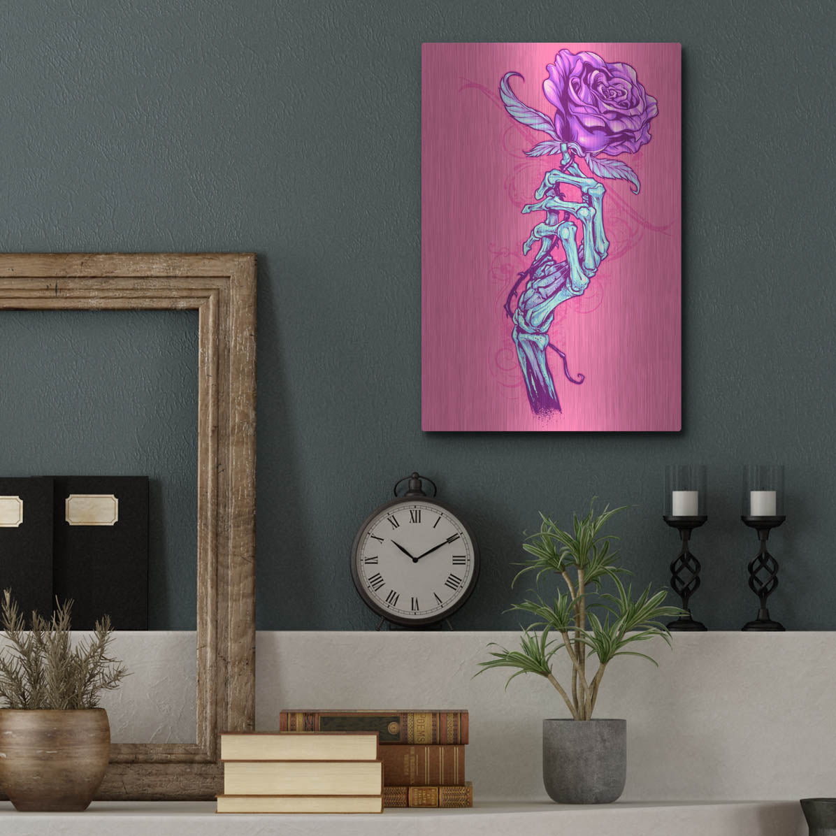 Luxe Metal Art 'Skeleton Hand With Rose' by Flyland Designs, Metal Wall Art,12x16