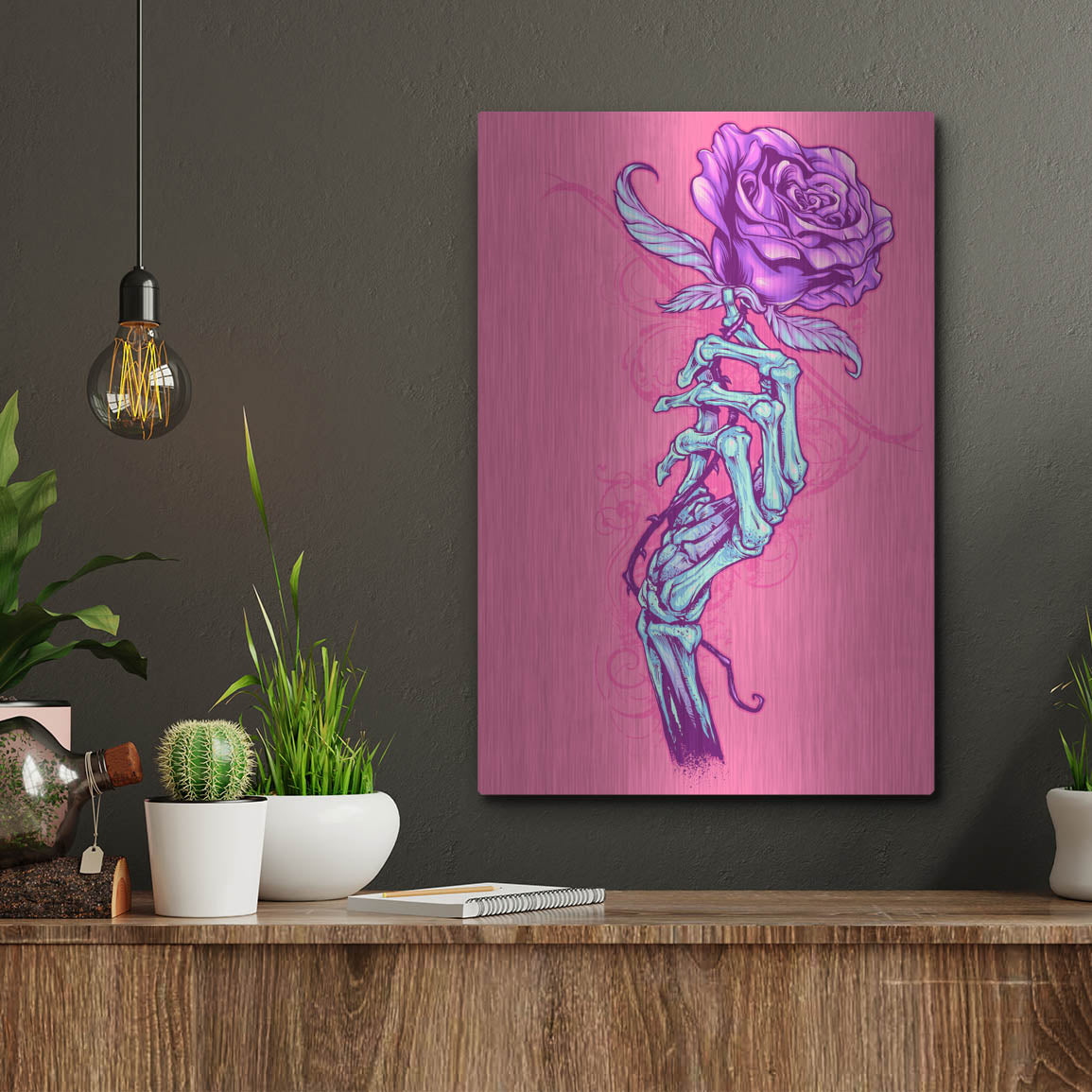 Luxe Metal Art 'Skeleton Hand With Rose' by Flyland Designs, Metal Wall Art,12x16