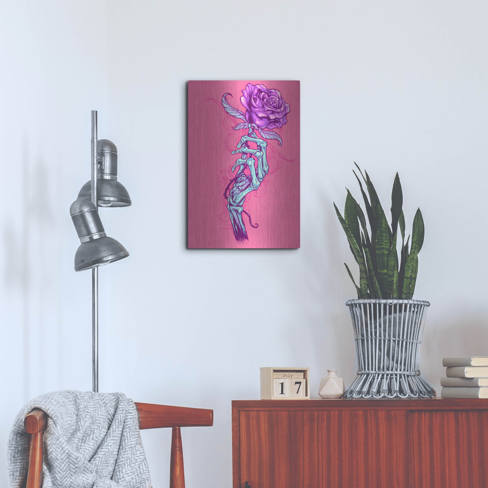 Luxe Metal Art 'Skeleton Hand With Rose' by Flyland Designs, Metal Wall Art,16x24