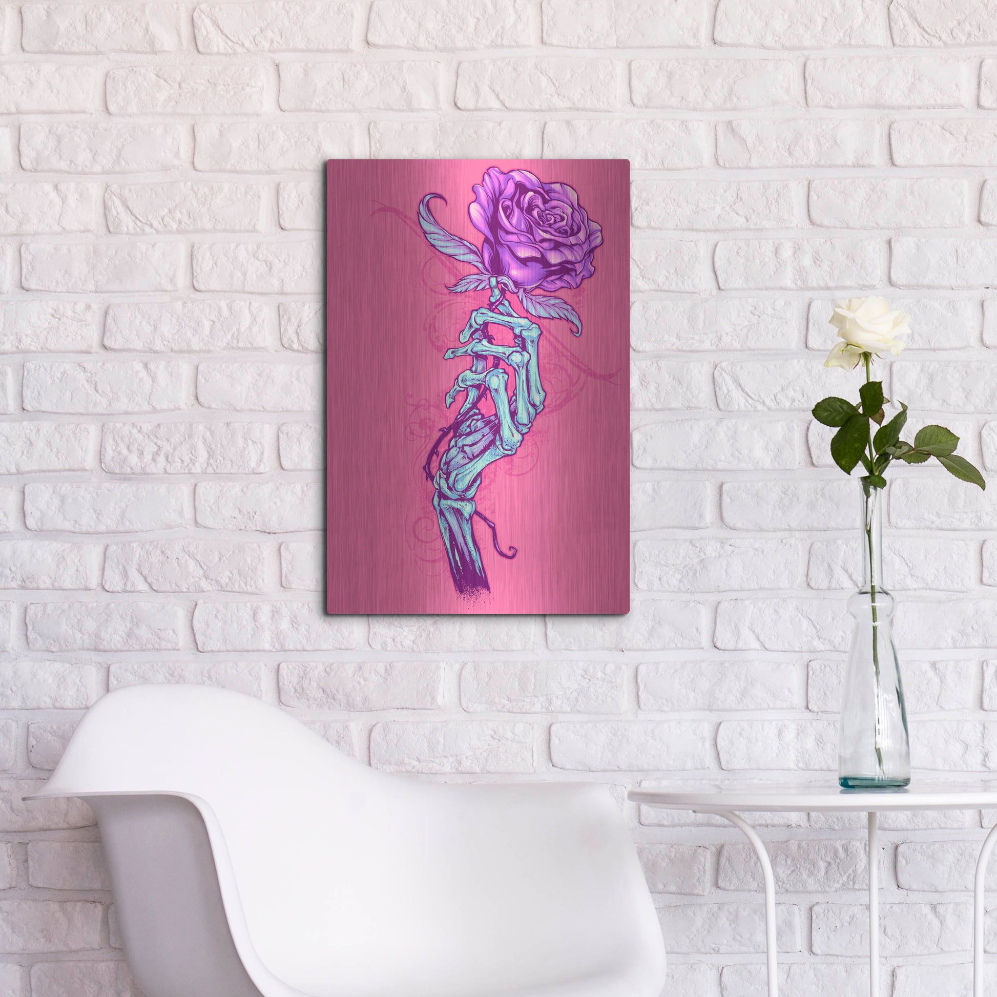 Luxe Metal Art 'Skeleton Hand With Rose' by Flyland Designs, Metal Wall Art,16x24