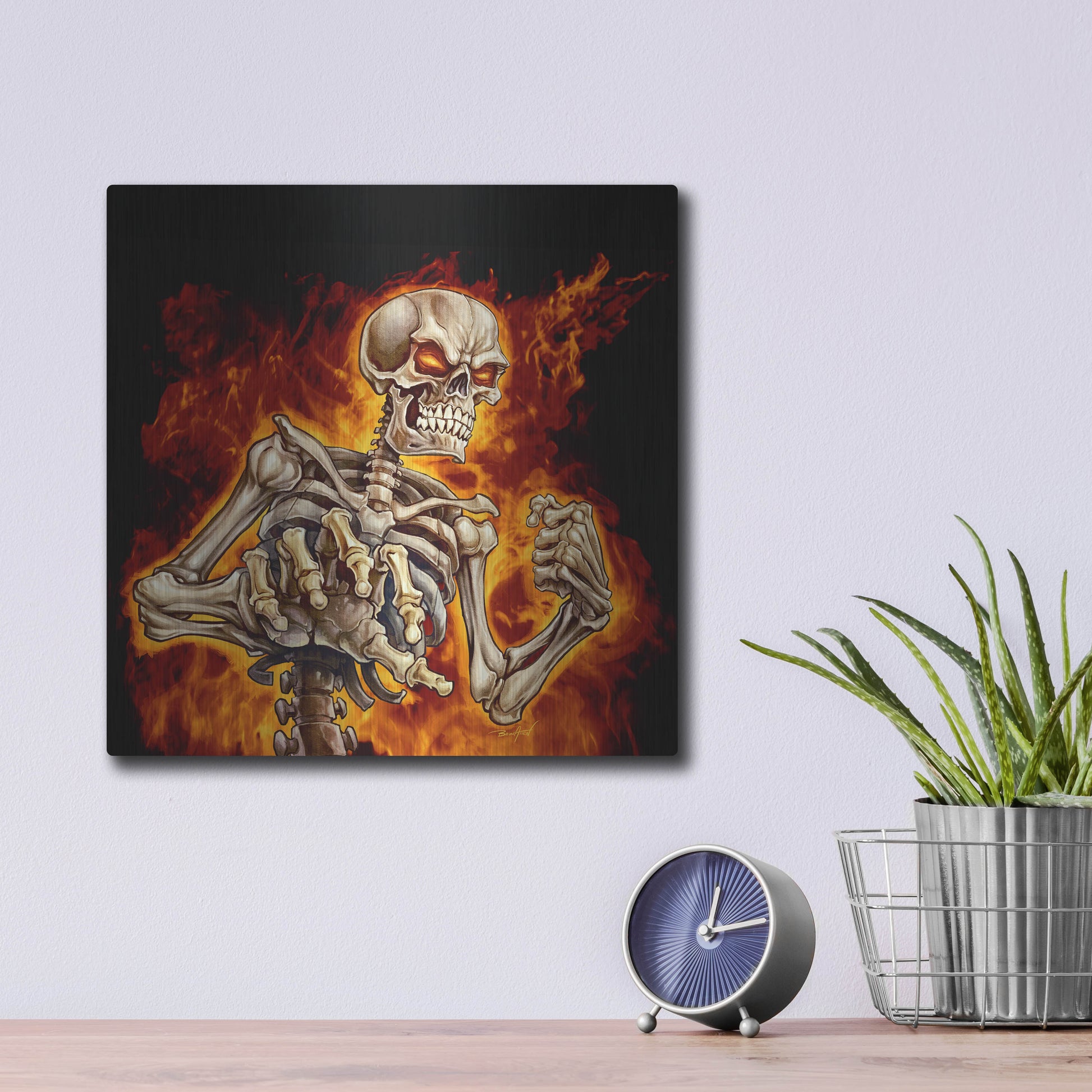 Luxe Metal Art 'Skeleton With Fire' by Flyland Designs, Metal Wall Art,12x12