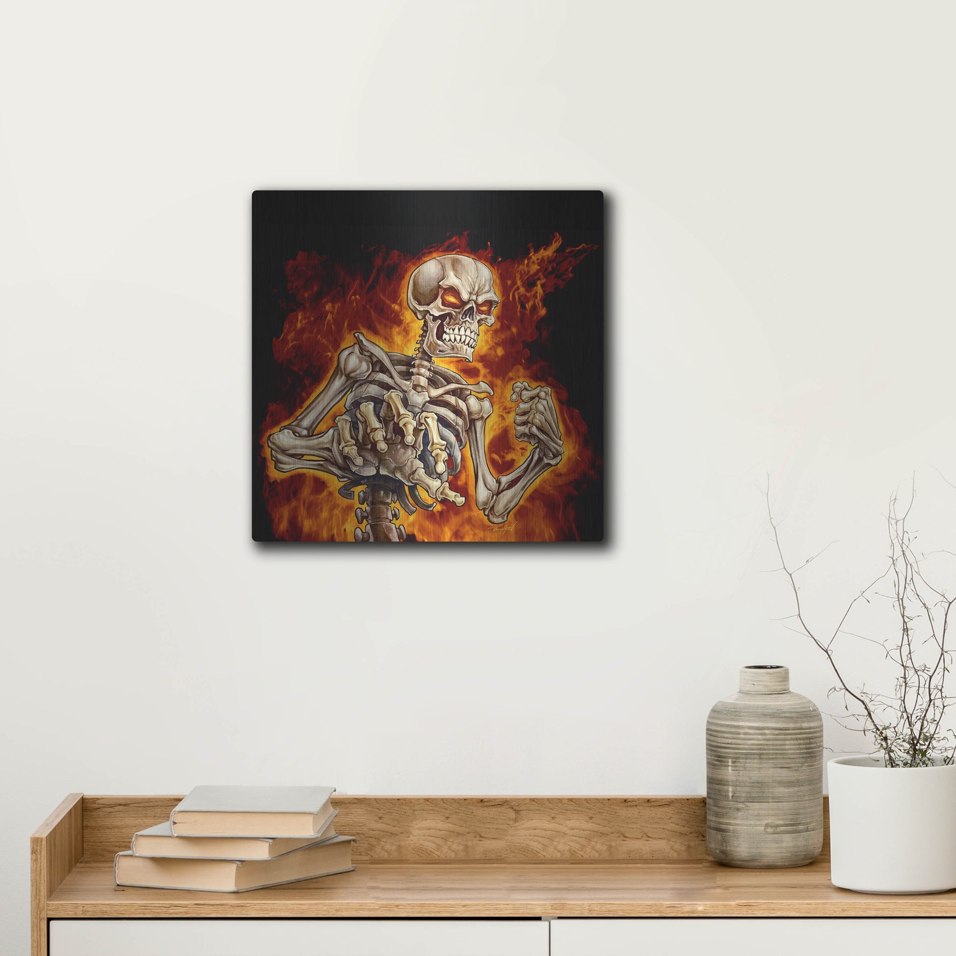 Luxe Metal Art 'Skeleton With Fire' by Flyland Designs, Metal Wall Art,12x12