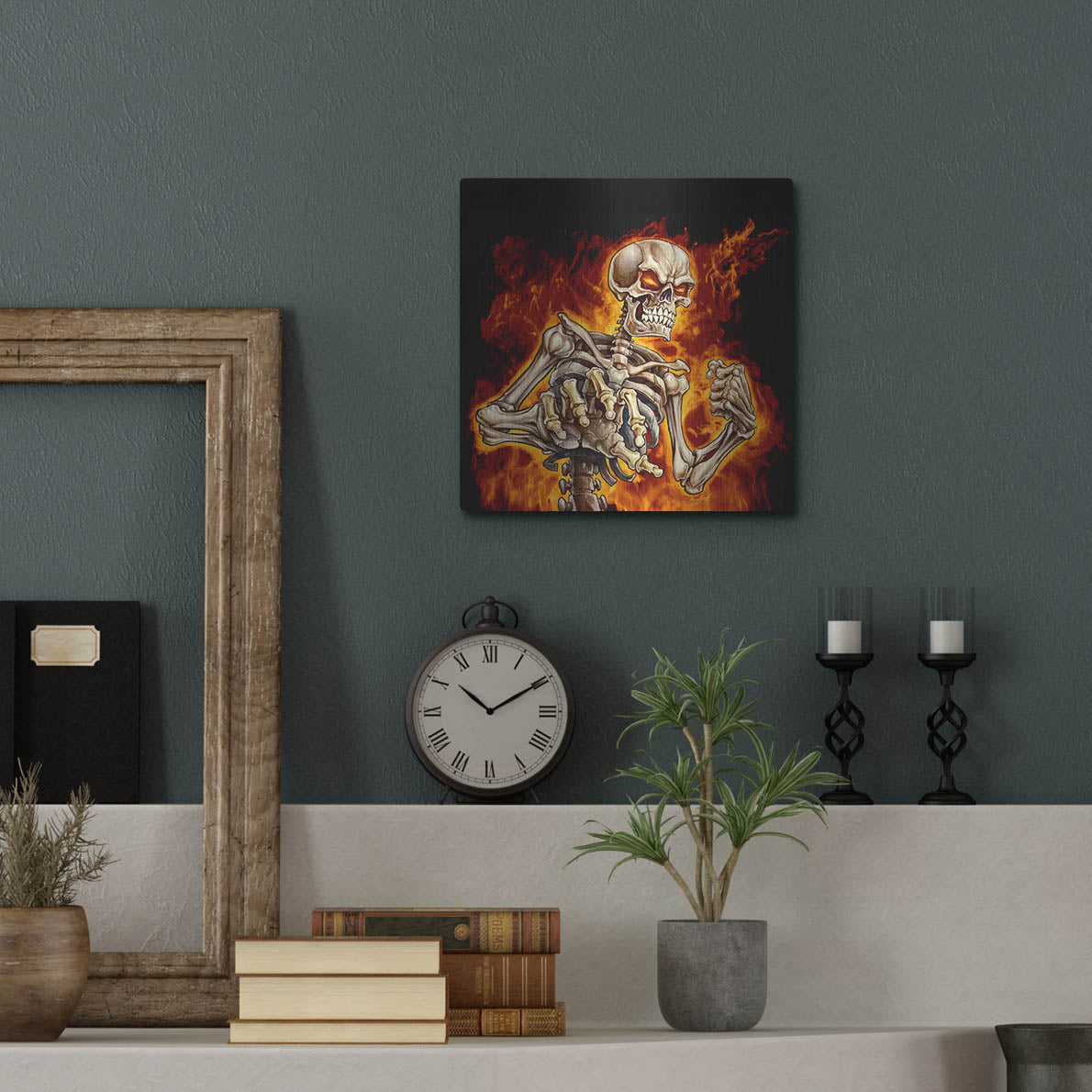 Luxe Metal Art 'Skeleton With Fire' by Flyland Designs, Metal Wall Art,12x12