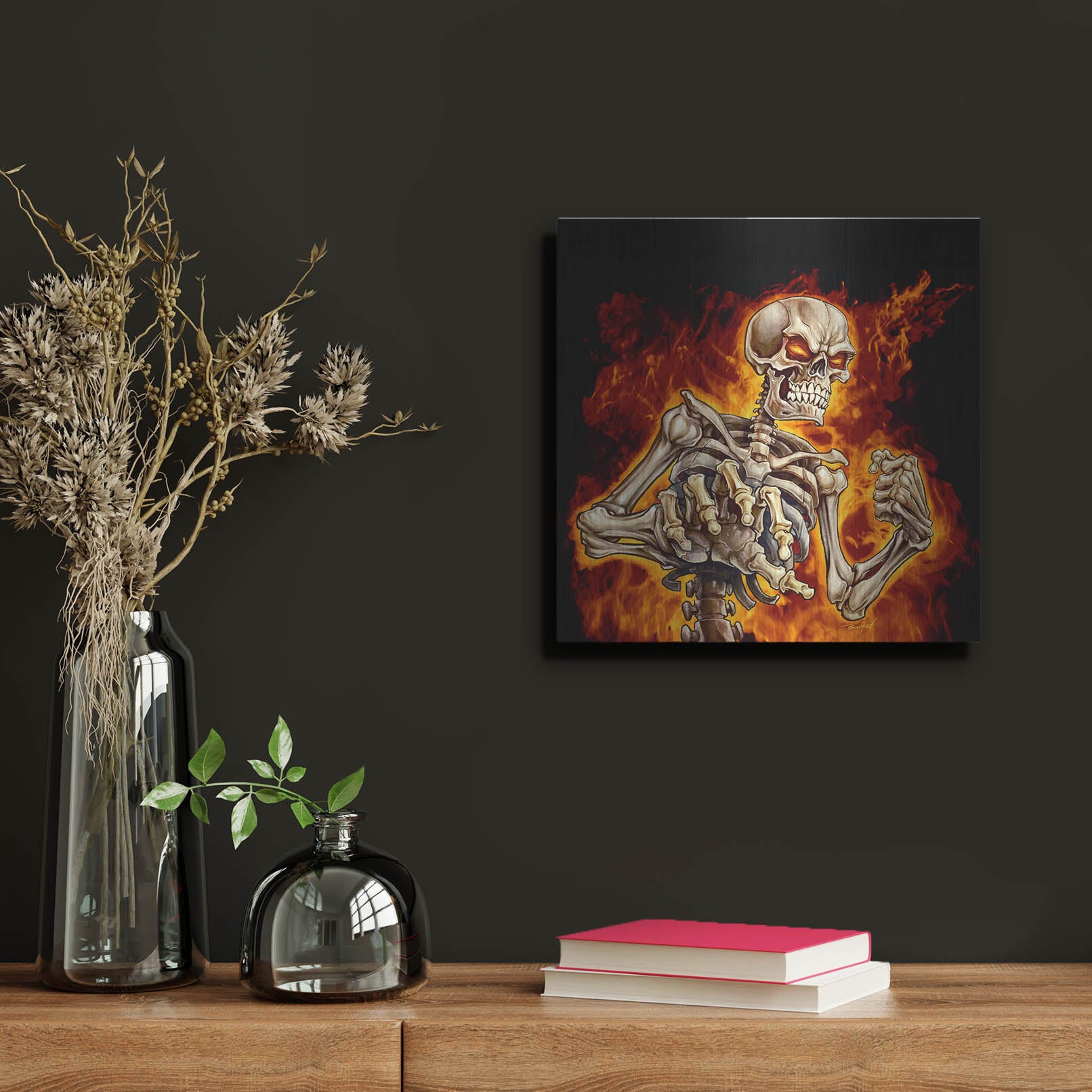 Luxe Metal Art 'Skeleton With Fire' by Flyland Designs, Metal Wall Art,12x12