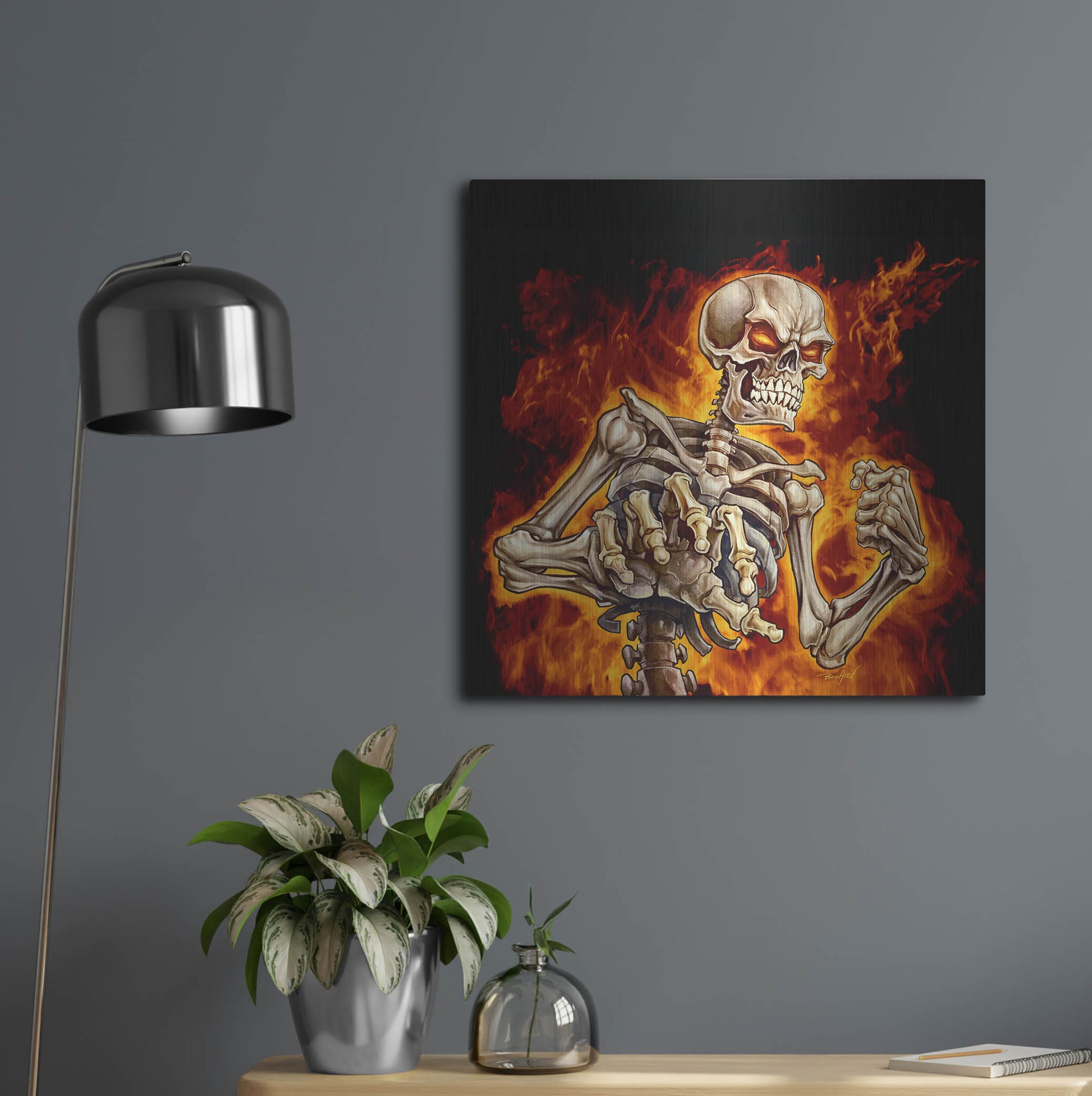 Luxe Metal Art 'Skeleton With Fire' by Flyland Designs, Metal Wall Art,24x24