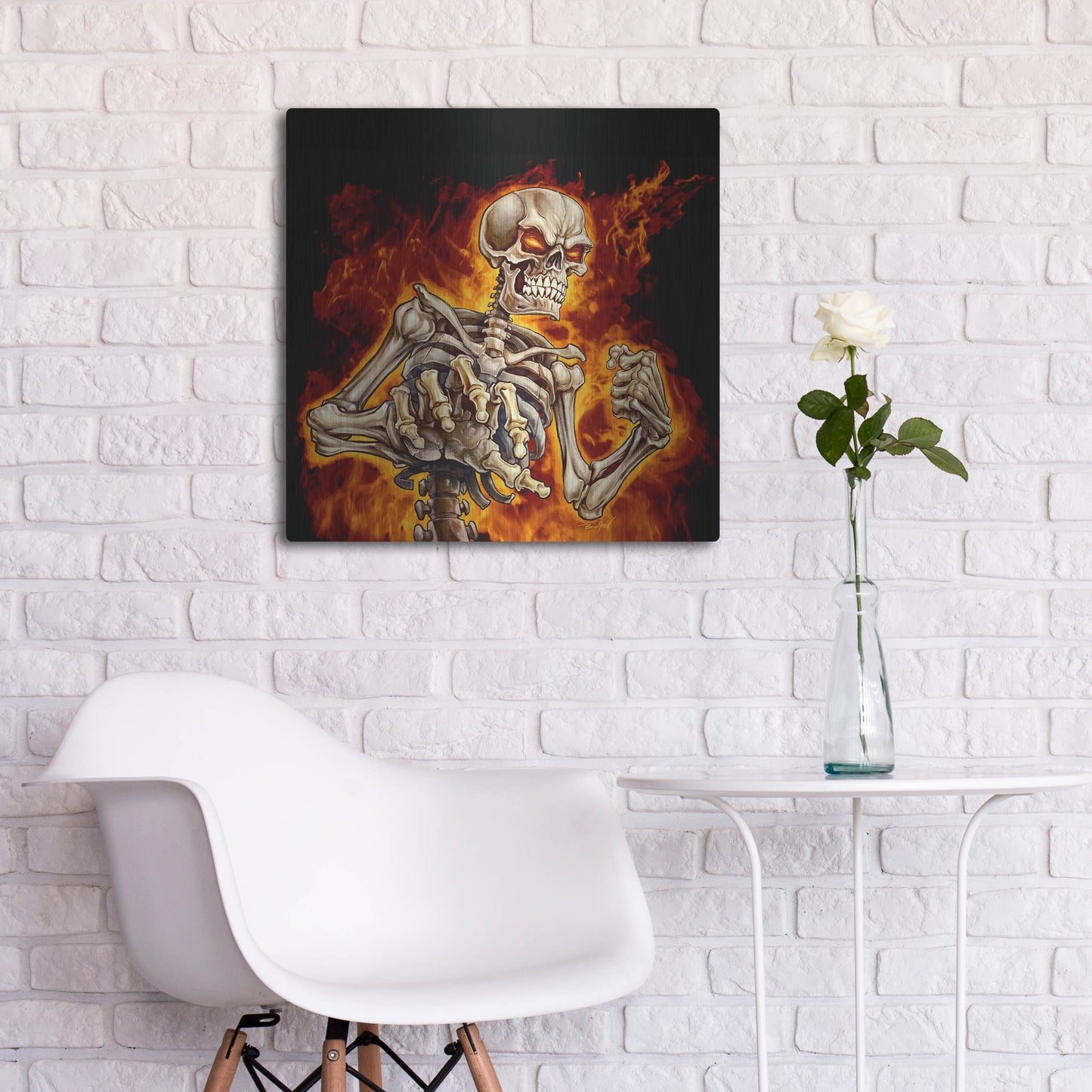 Luxe Metal Art 'Skeleton With Fire' by Flyland Designs, Metal Wall Art,24x24